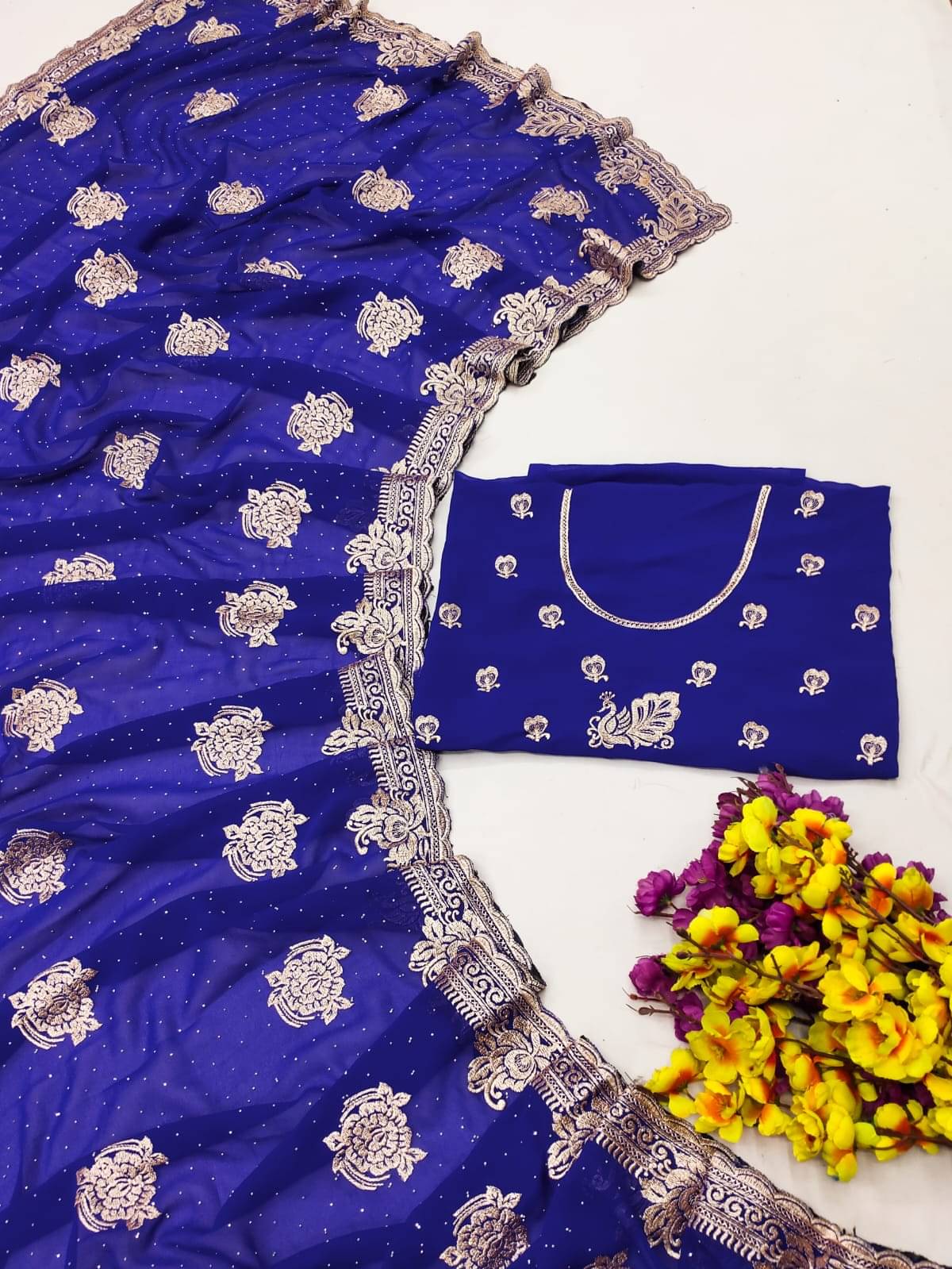 kyara group Georgette Embroidered Banarasi saree With Unstitched Blouse Piece ( Blue ) kyara group Georgette Embroidered Banarasi saree With Unstitched Blouse Piece ( Blue )