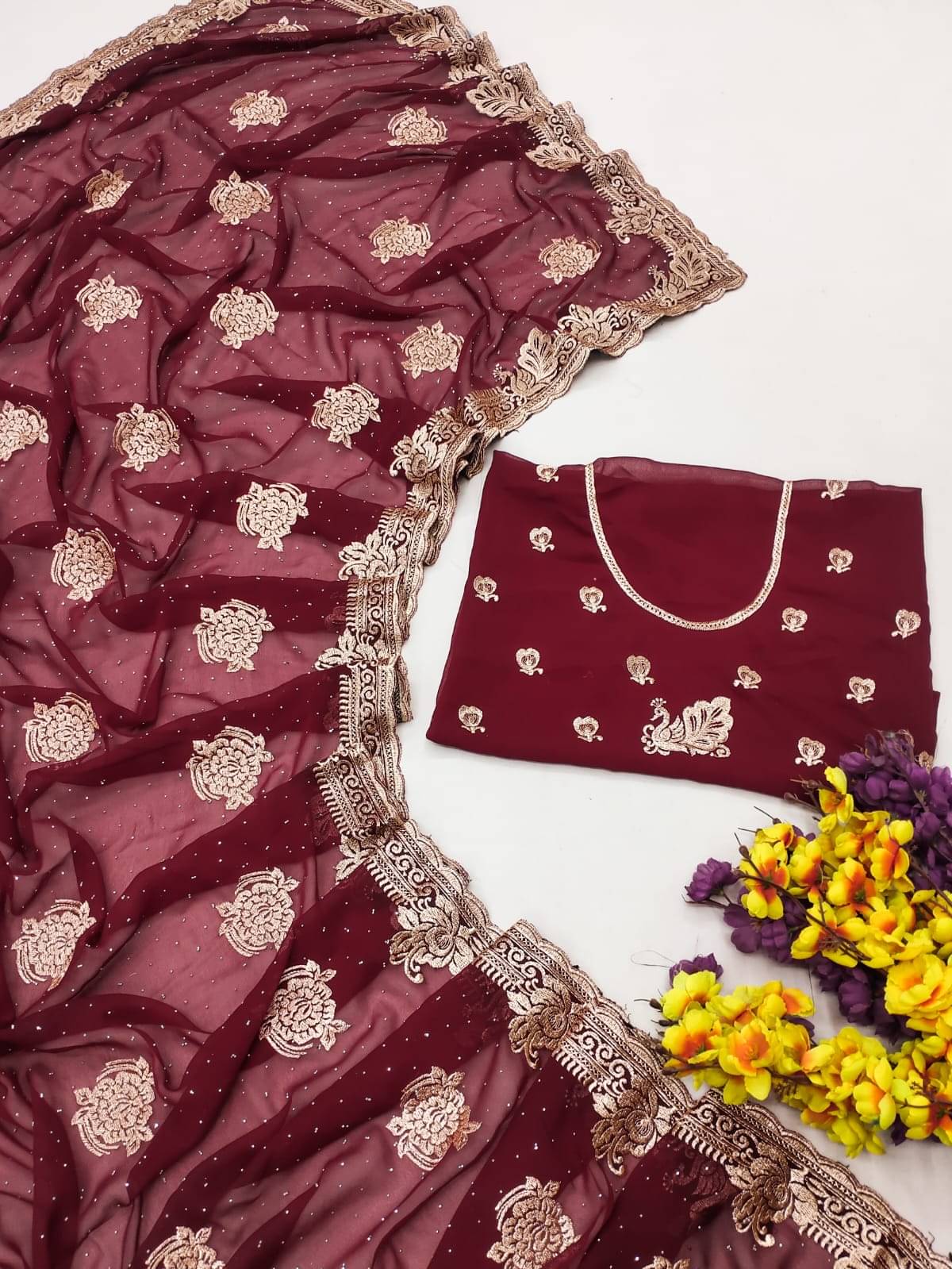 kyara group Georgette Embroidered Banarasi saree With Unstitched Blouse Piece ( Maroon ) kyara group Georgette Embroidered Banarasi saree With Unstitched Blouse Piece ( Maroon )