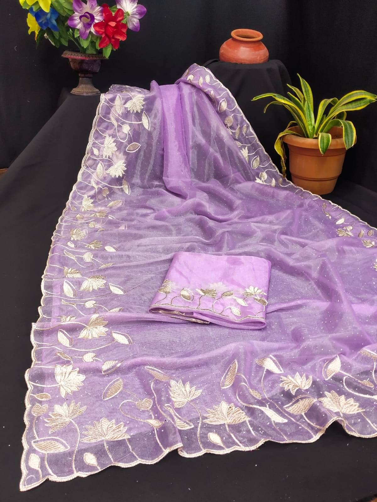 kyara group Organza Embroidered Kanjeevaram Sarees With Unstitched Blouse Piece ( Lavender ) kyara group Organza Embroidered Kanjeevaram Sarees With Unstitched Blouse Piece ( Lavender )