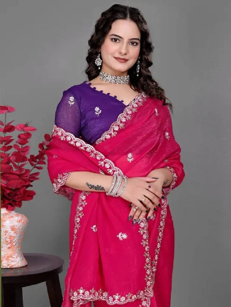 Kalpana Creation Zimmy Choo Solid Saree With Unstitched Blouse Piece ( Rani ) Kalpana Creation Zimmy Choo Solid Saree With Unstitched Blouse Piece ( Rani )