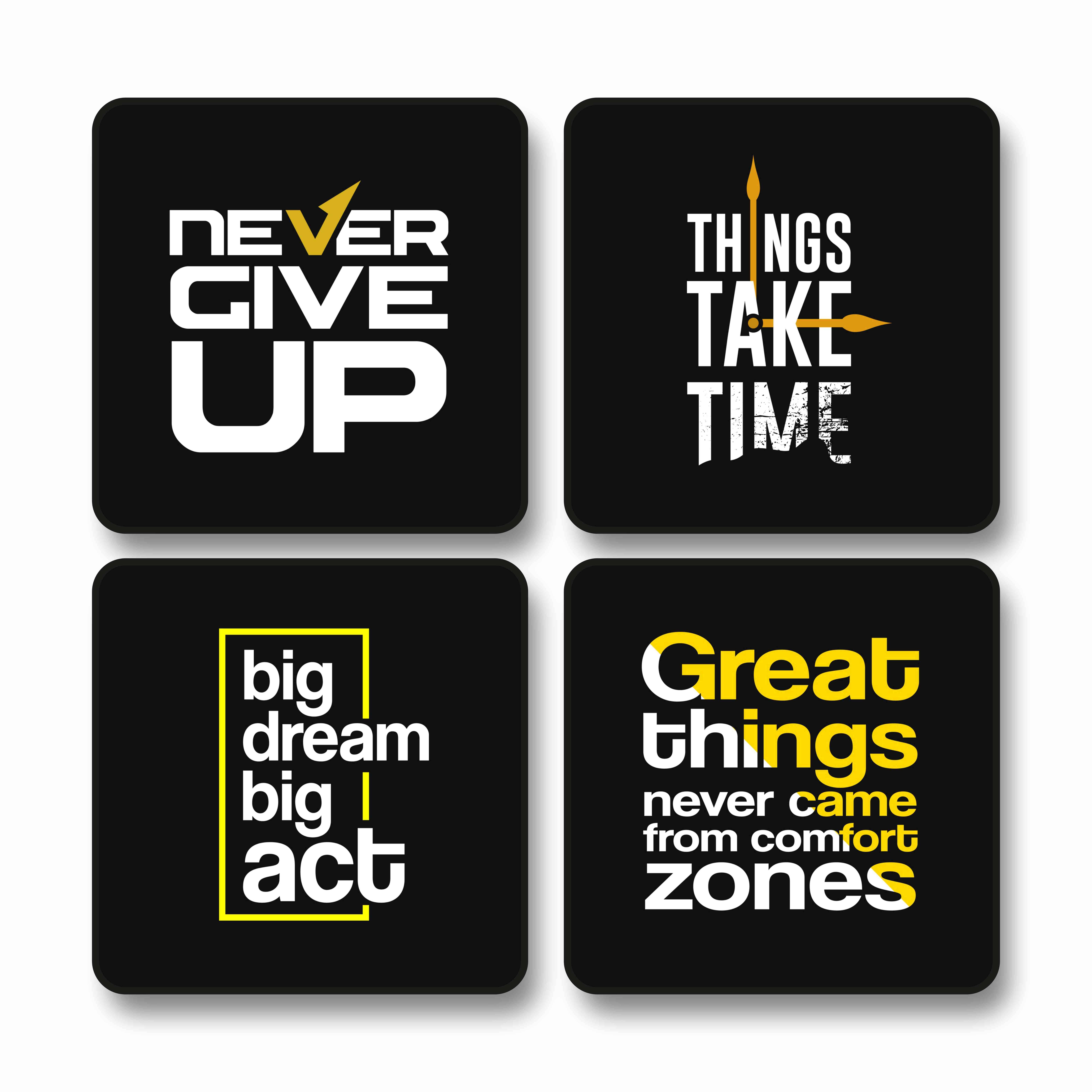 Livin'luxe Motivational Quote Wall Frame Set | ‘Never Give Up’, ‘Things Take Time’, ‘Big Dream Big Act’, ‘Great Things Never Came From Comfort Zones’ | Set of 4 for Office Gym Study Room Black frame wall painting 10 inch x 10 inch     			Livin'luxe Motivational Quote Wall Frame Set | ‘Never Give Up’, ‘Things Take Time’, ‘Big Dream Big Act’, ‘Great Things Never Came From Comfort Zones’ | Set of 4 for Office Gym Study Room Black frame wall painting 10 inch x 10 inch