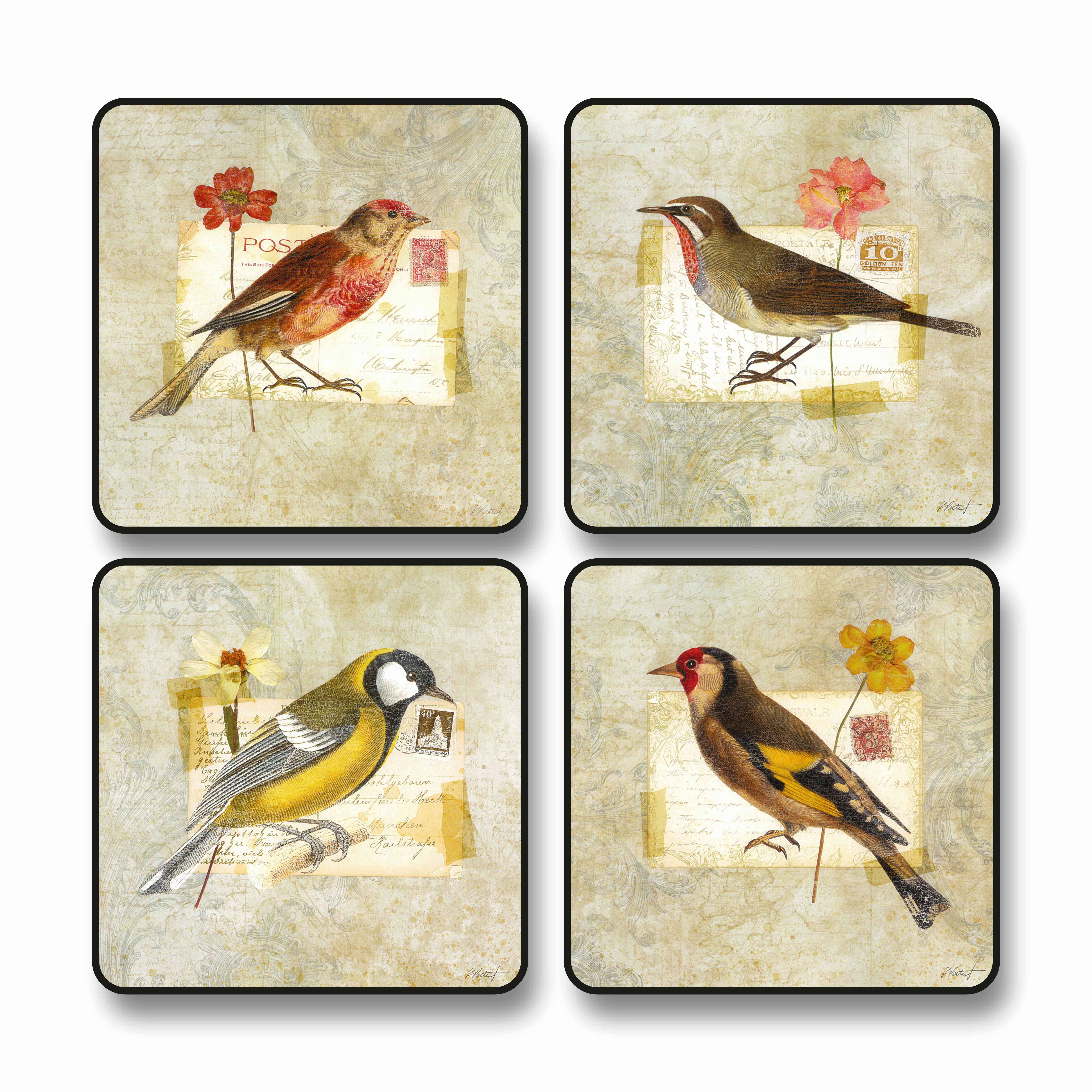     			Livin'luxe Rustic Vintage Bird Wall Art Set | 4 Square MDF Panels with Postcard & Floral Elements | Antique Nature-Inspired Painting for Home Living Room Bedroom Gallery Decor Black frame wall painting 10 inch x 10 inch