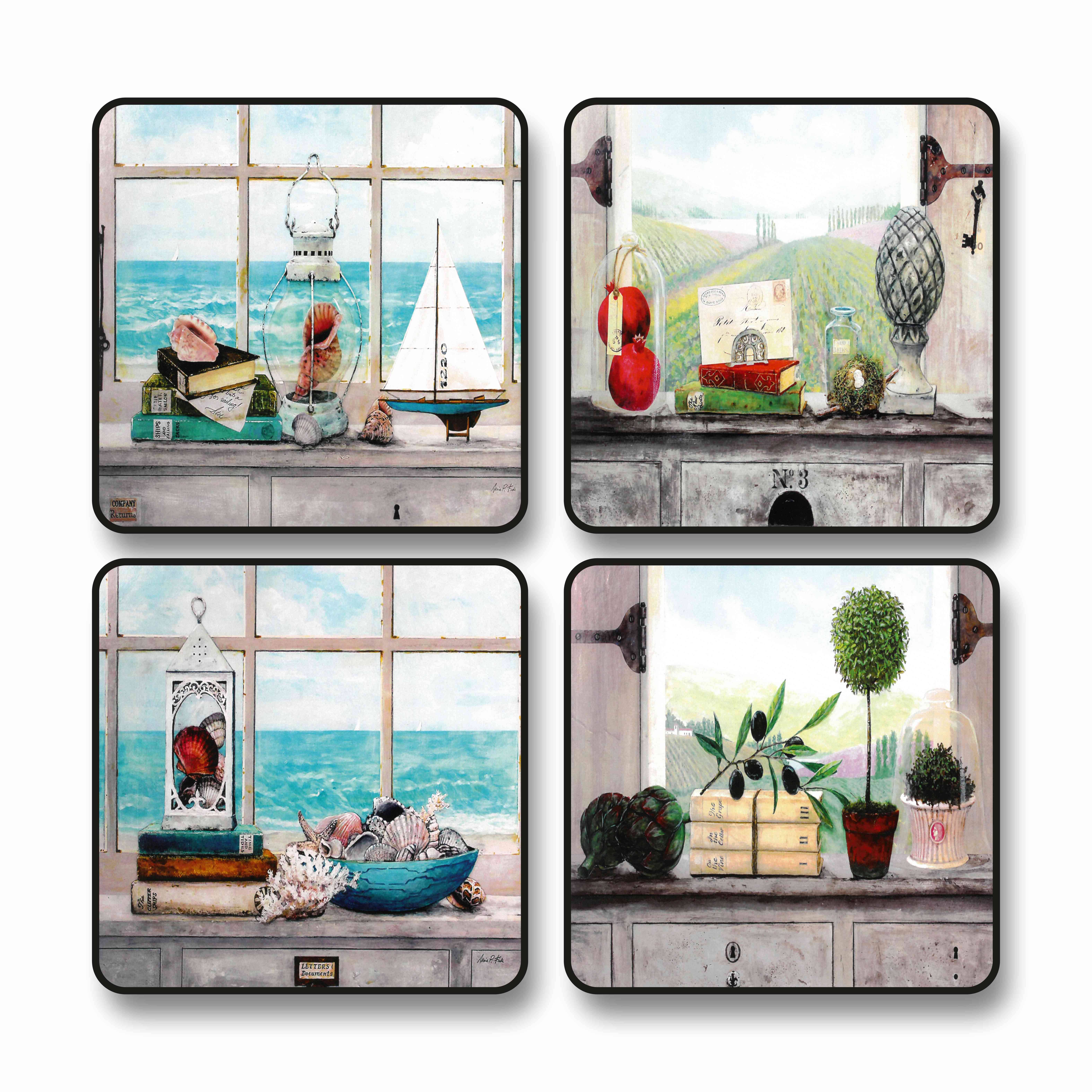 Livin'luxe Seaside Window View Wall Art Set | 4 Square MDF Panels with Nautical & Botanical Decor Theme | Vintage Coastal Shelf Still Life Painting for Home Decor Living Room Black frame wall painting 10 inch x 10 inch Livin'luxe Seaside Window View Wall Art Set | 4 Square MDF Panels with Nautical & Botanical Decor Theme | Vintage Coastal Shelf Still Life Painting for Home Decor Living Room Black frame wall painting 10 inch x 10 inch