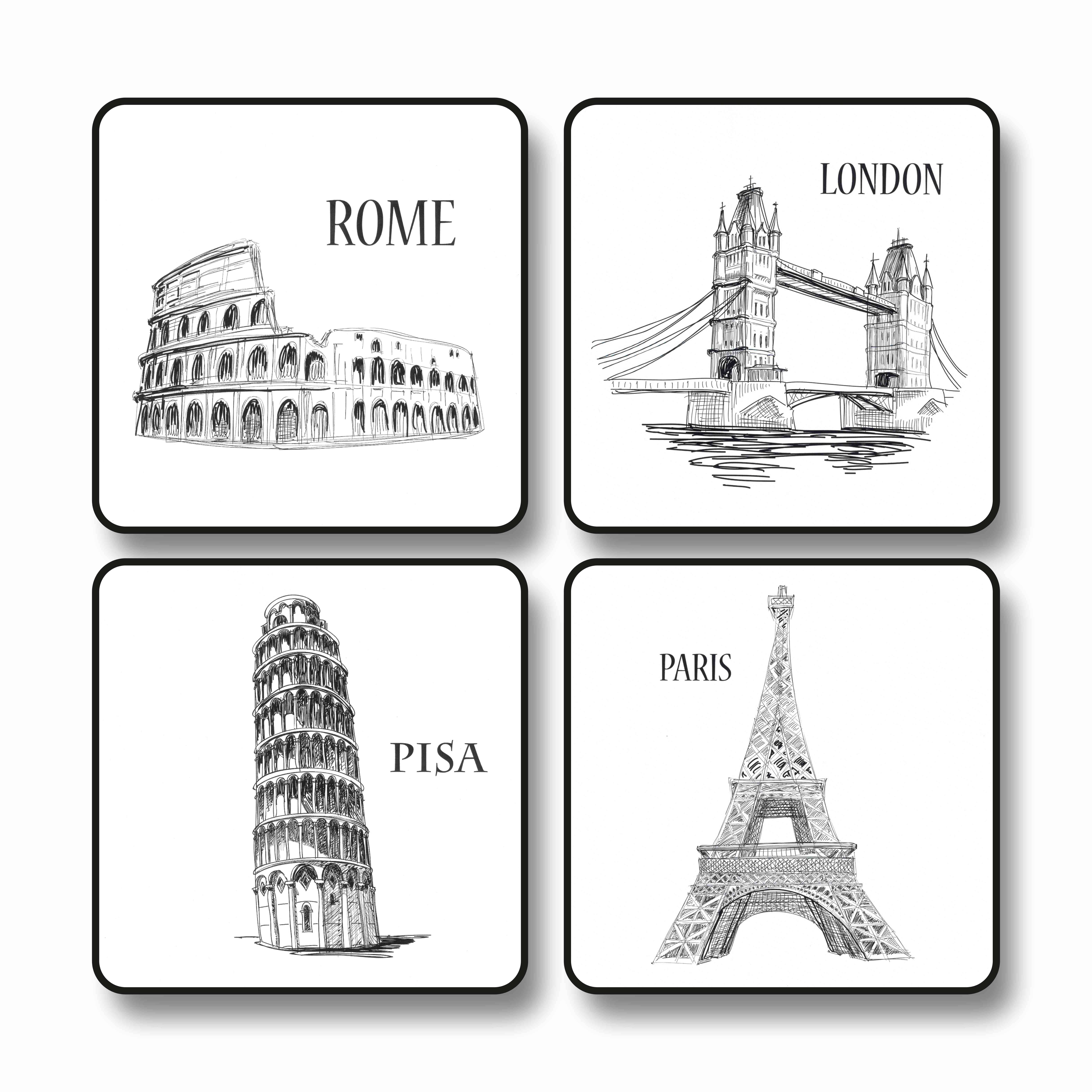 Livin'luxe World Monuments Sketch Wall Art Set | 4 Square MDF Panels with Rome London Paris Pisa Landmark Illustrations | Minimalist Black & White Travel Theme Painting for Home Decor Black frame wall painting 10 inch x 10 inch Livin'luxe World Monuments Sketch Wall Art Set | 4 Square MDF Panels with Rome London Paris Pisa Landmark Illustrations | Minimalist Black & White Travel Theme Painting for Home Decor Black frame wall painting 10 inch x 10 inch