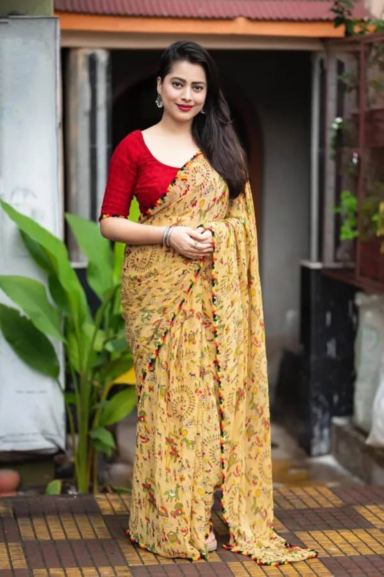     			Shree Mahantam Georgette Printed Saree With Unstitched Blouse Piece ( Mustard )