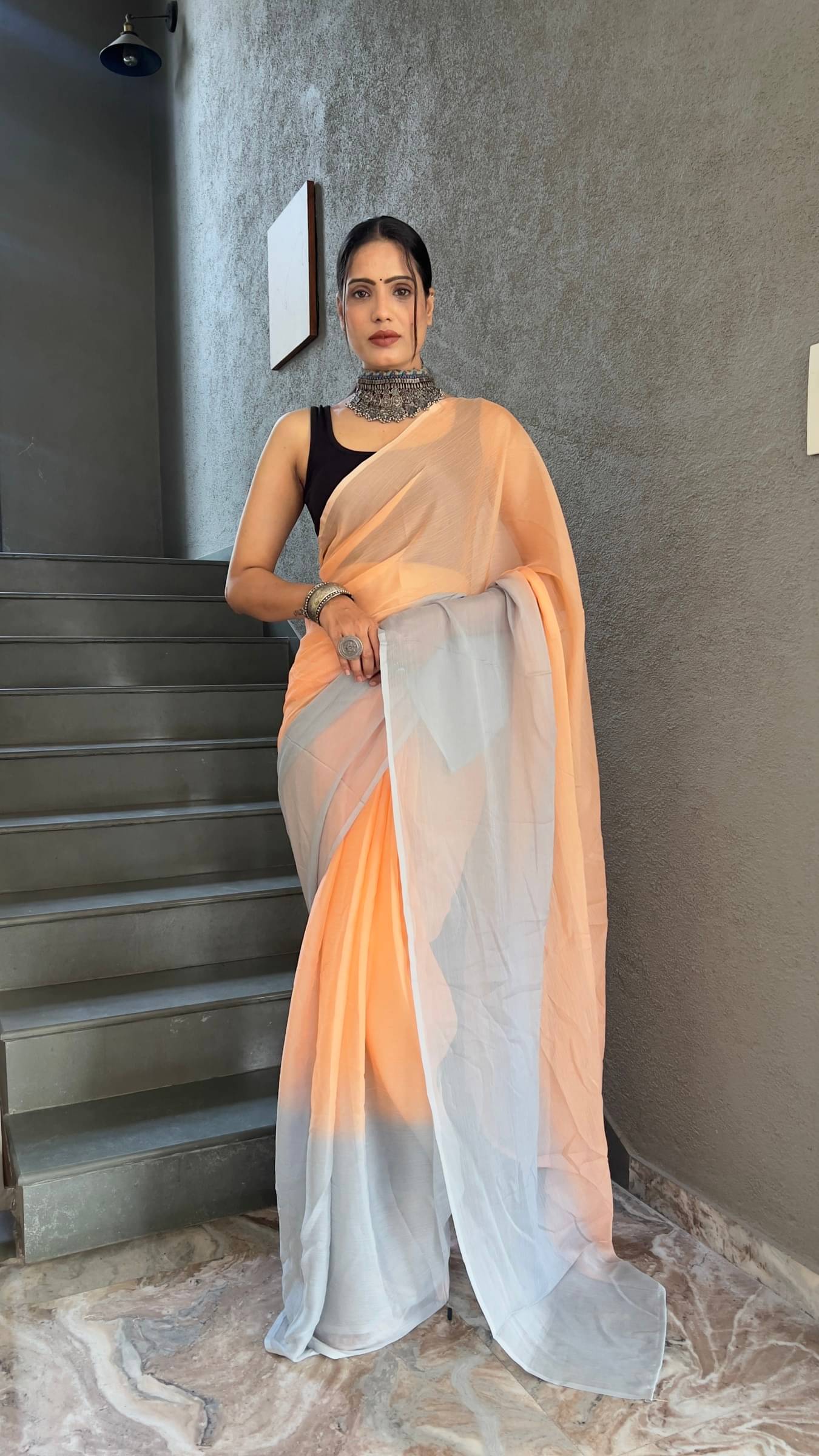     			Shree Mahantam Georgette Solid Saree With Unstitched Blouse Piece ( Orange )