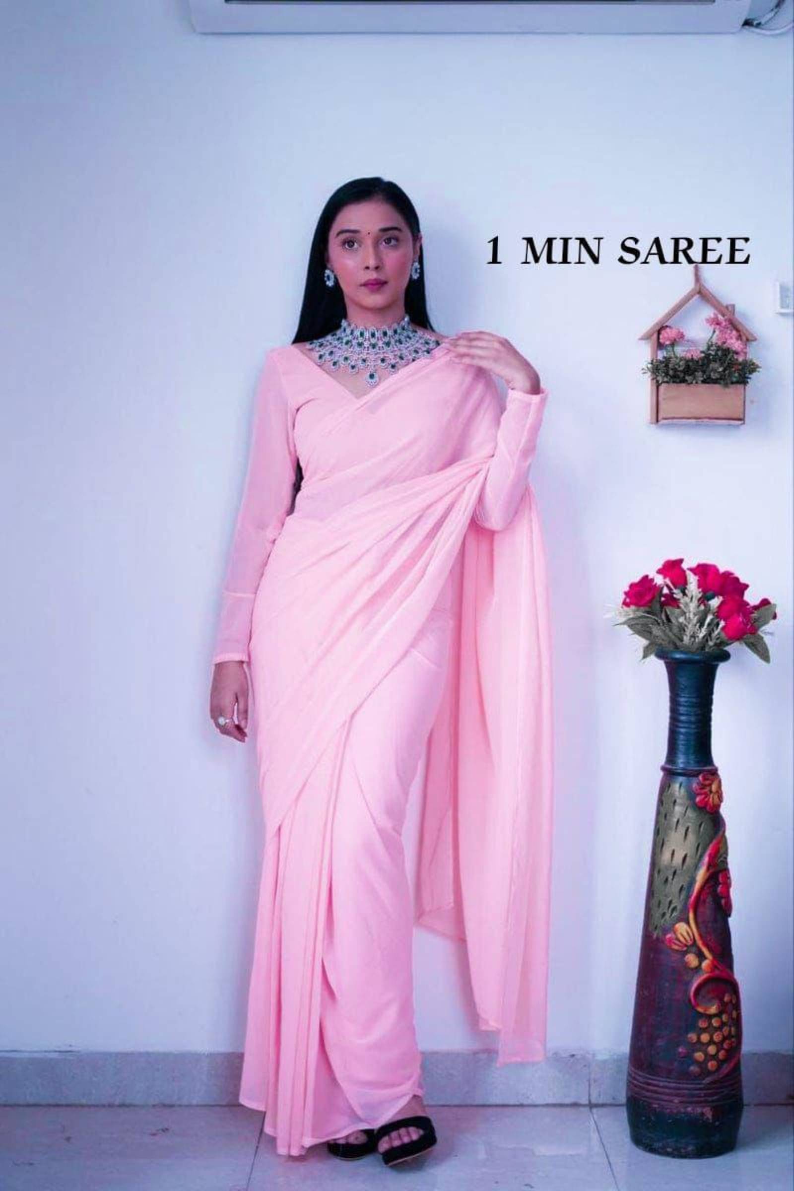 Shree Mahantam Georgette Solid Saree With Unstitched Blouse Piece ( Pink ) Shree Mahantam Georgette Solid Saree With Unstitched Blouse Piece ( Pink )