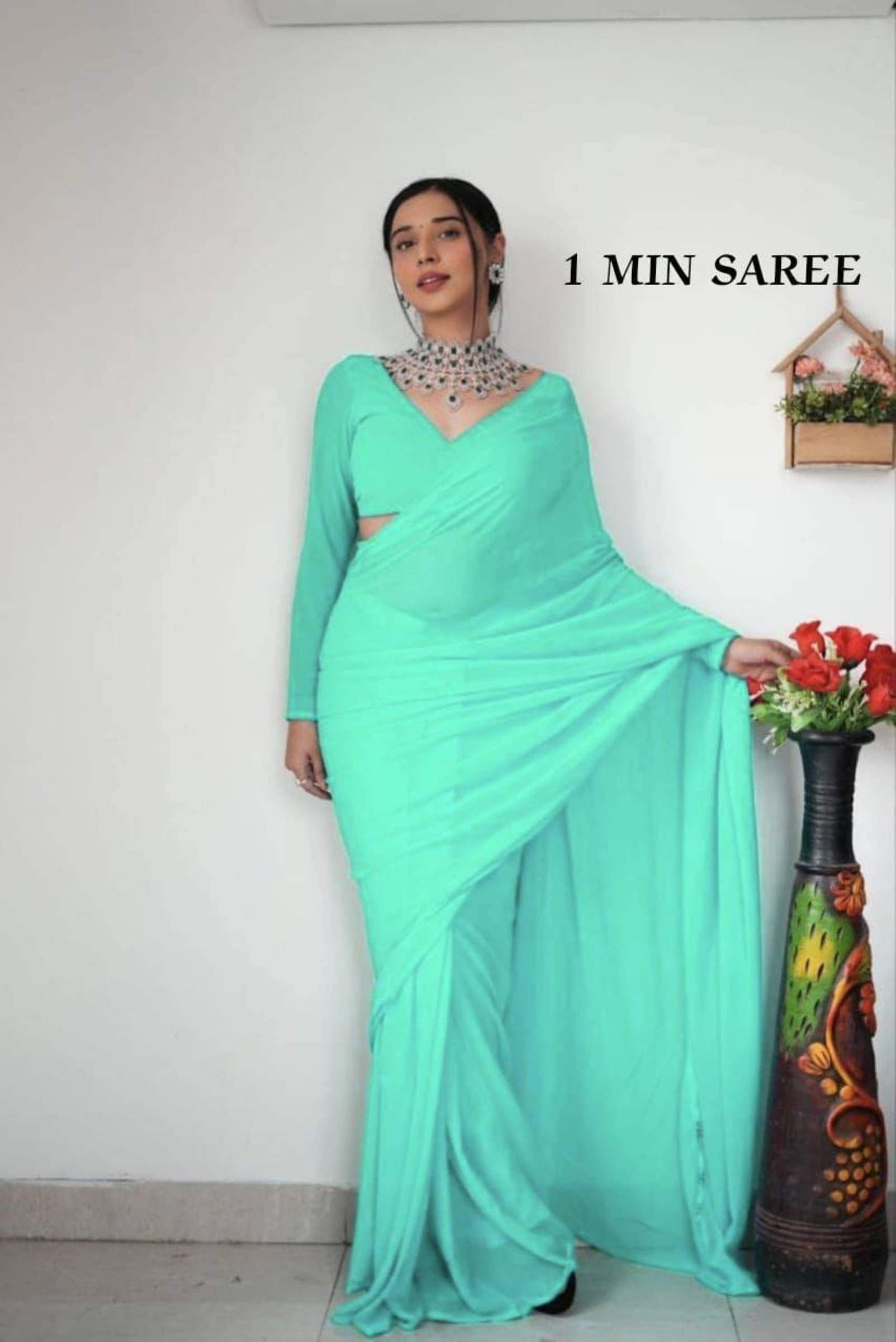 Shree Mahantam Georgette Solid Saree With Unstitched Blouse Piece ( Aqua Blue ) Shree Mahantam Georgette Solid Saree With Unstitched Blouse Piece ( Aqua Blue )