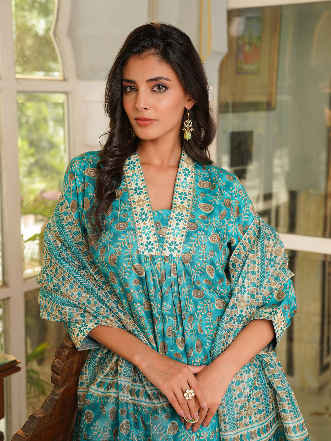     			Vaamsi Women Cotton Blend Printed Straight Kurti With Pants ( Turquoise )