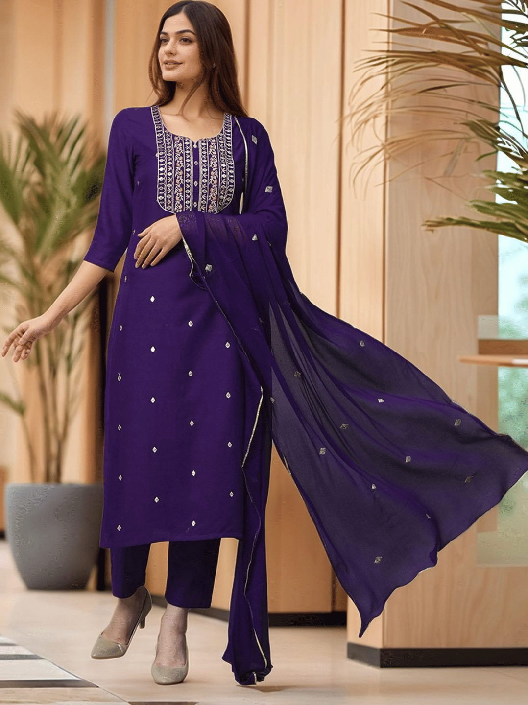     			YAGNIK FASHION Women Rayon Self Design Straight Kurti With Pants ( Purple )