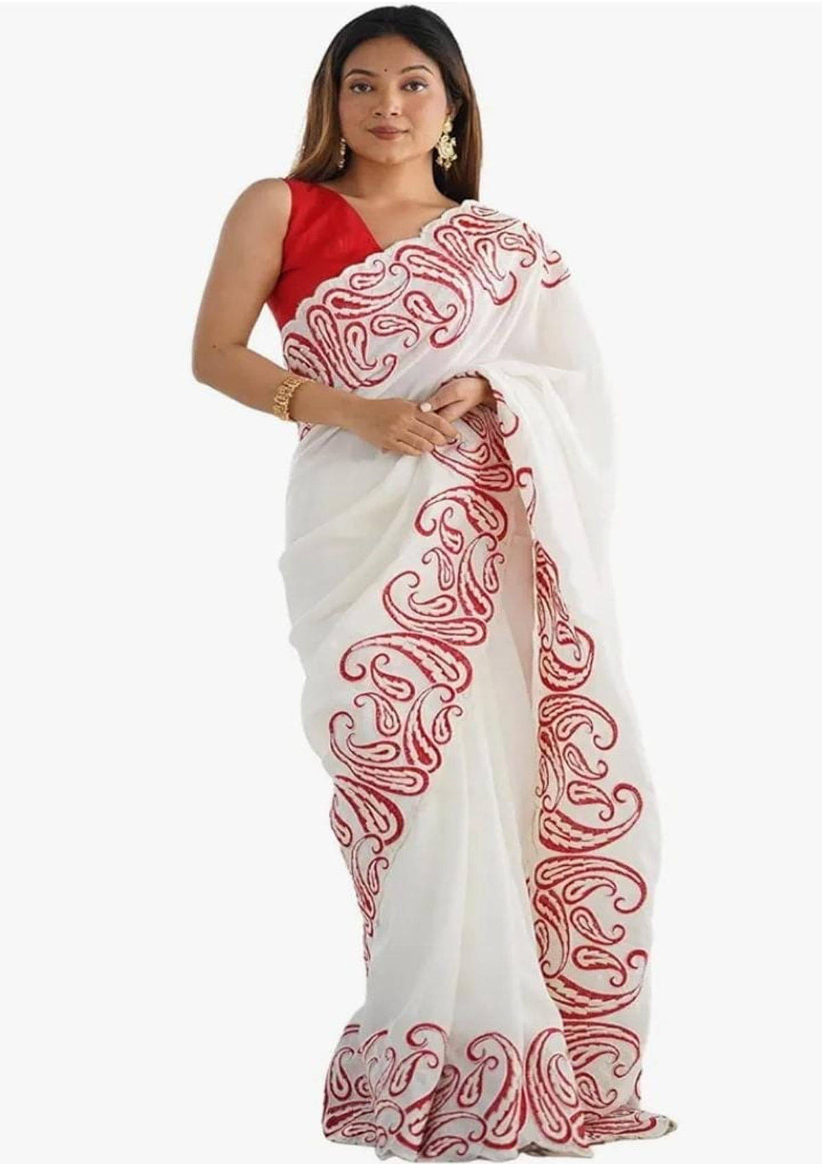     			krishna trends Georgette Embroidered Chikankari Saree With Unstitched Blouse Piece ( White )