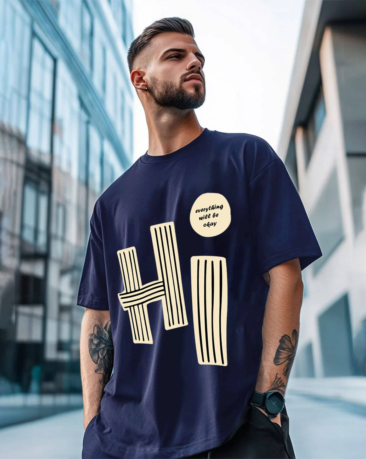     			AUSK Men Cotton Blend Oversized Fit Printed T-Shirt ( Navy Blue )