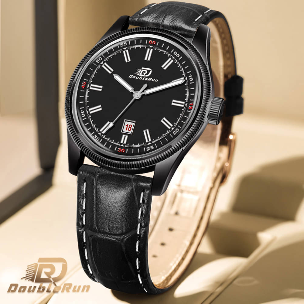     			DoubleRun Black Leather Analog Men's Watch