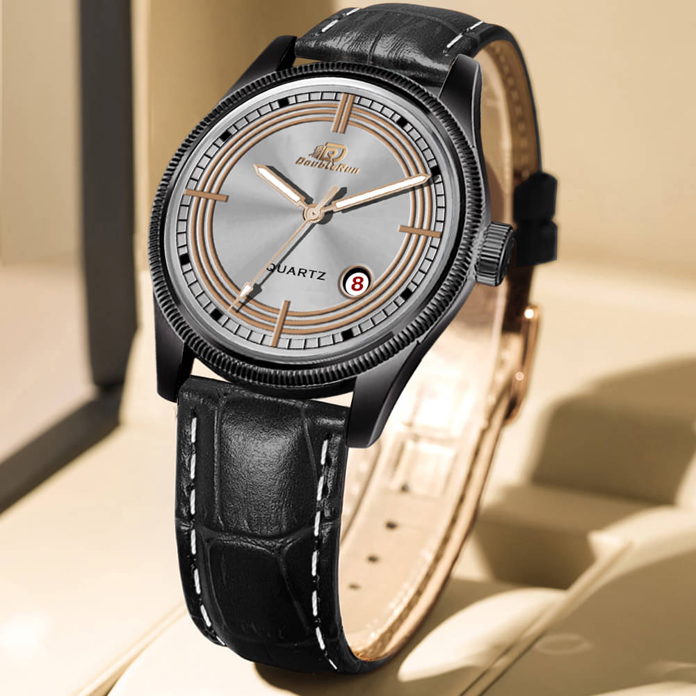     			DoubleRun Black Leather Analog Men's Watch