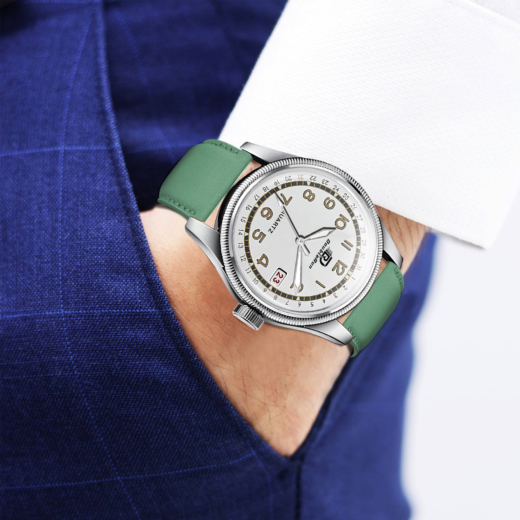     			DoubleRun Green Leather Analog Men's Watch