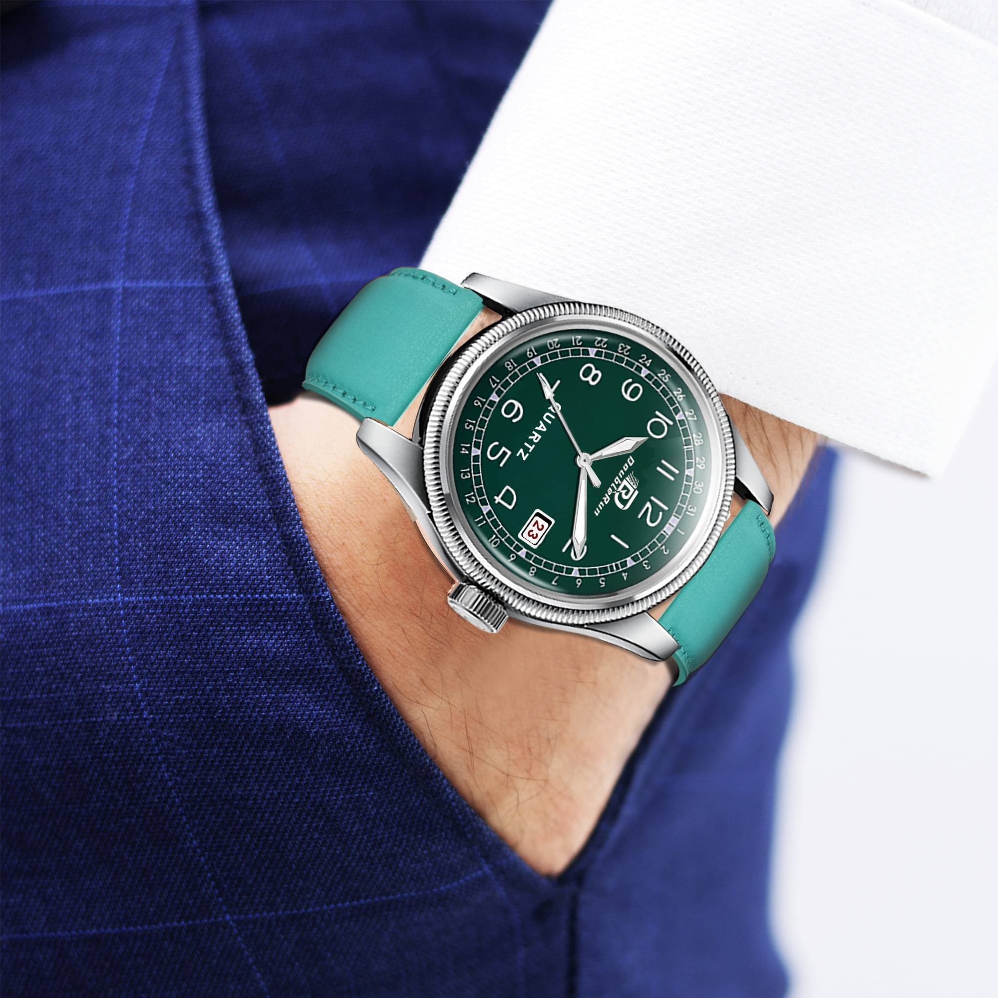     			DoubleRun Green Leather Analog Men's Watch
