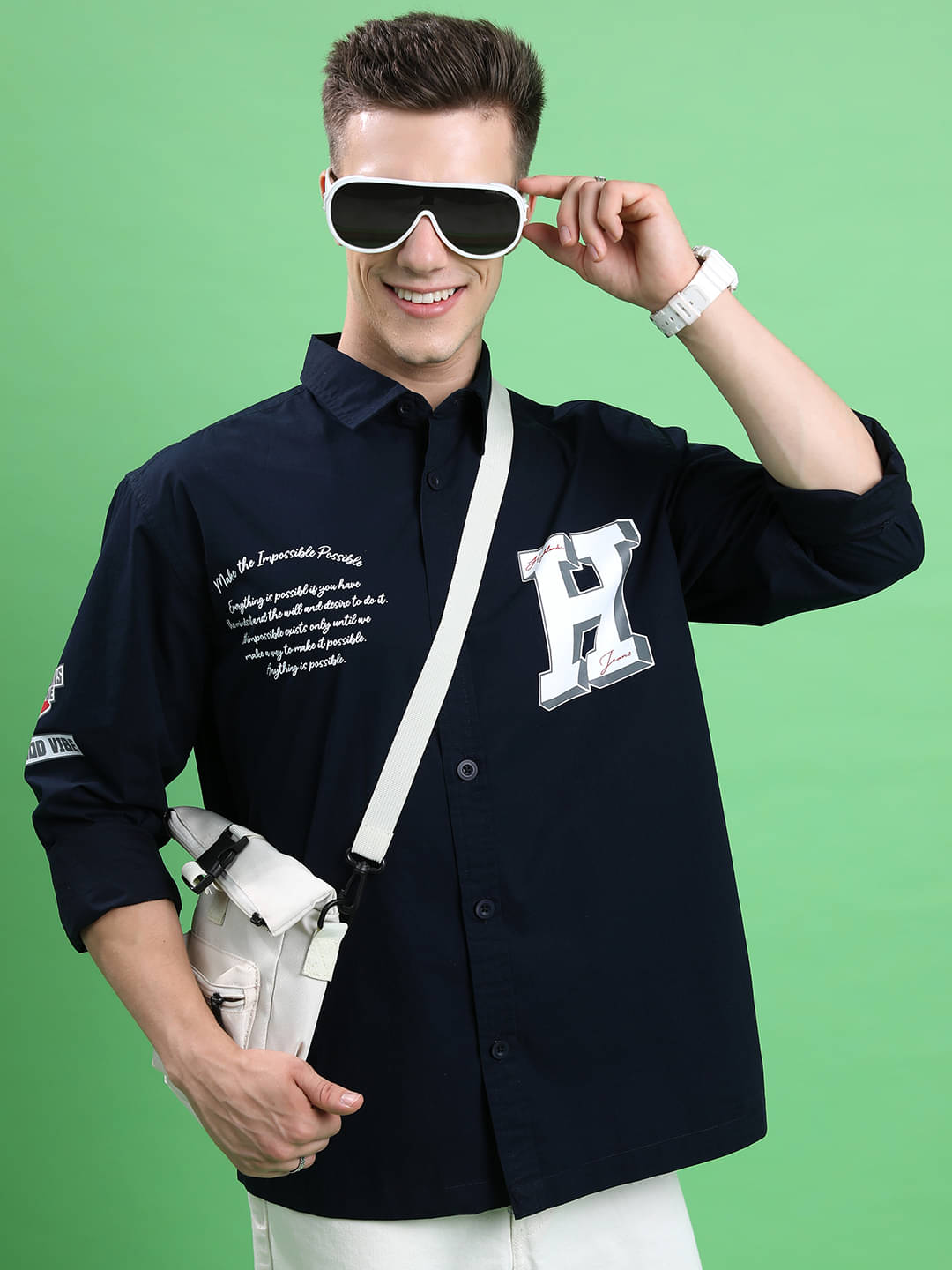     			Highlander 100% Cotton Oversized Fit Printed Full Sleeves Men's Casual Shirt - Navy ( Pack of 1 )