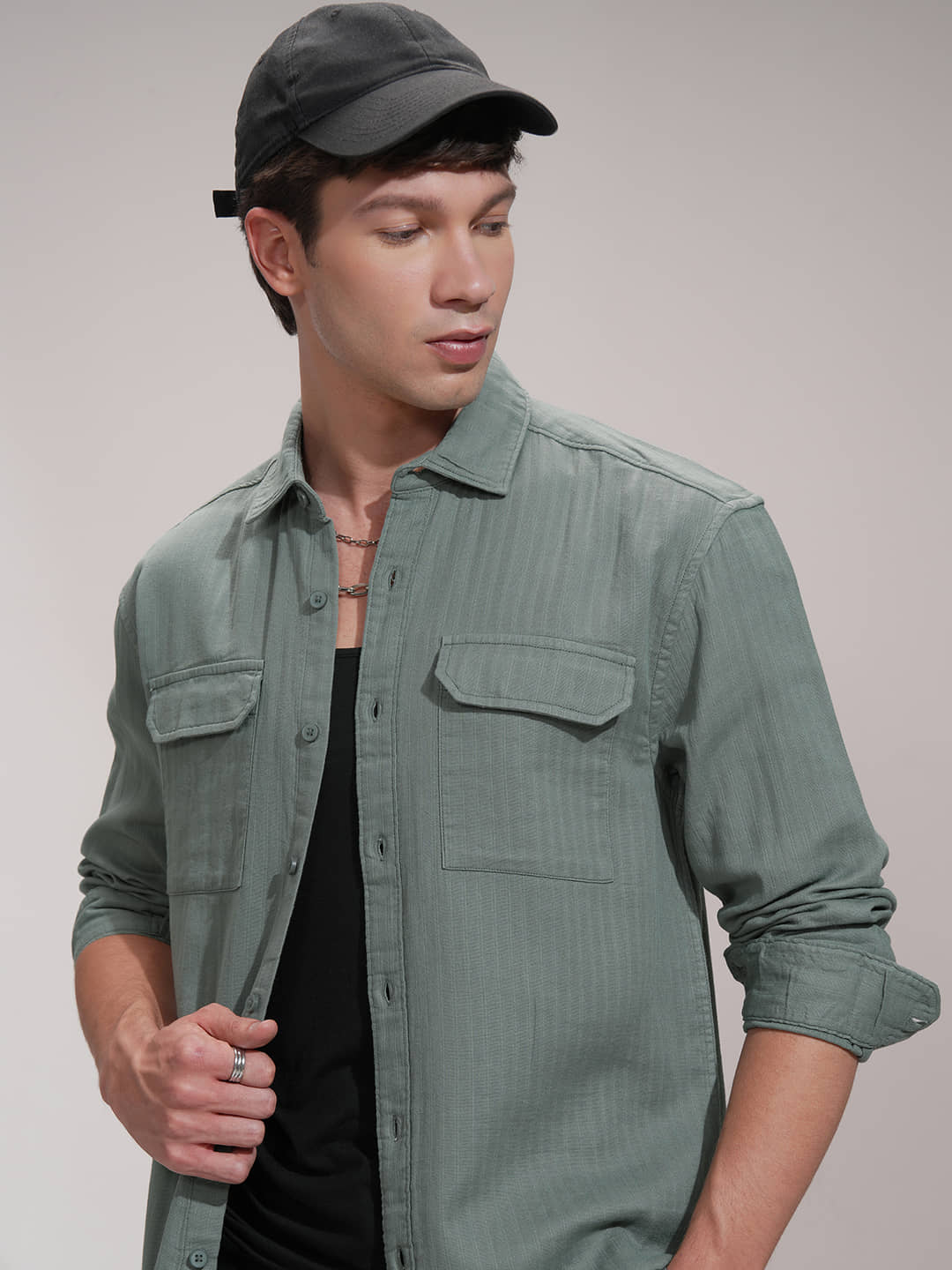 Highlander 100% Cotton Relaxed Fit Striped Full Sleeves Men's Casual Shirt - Green ( Pack of 1 )
