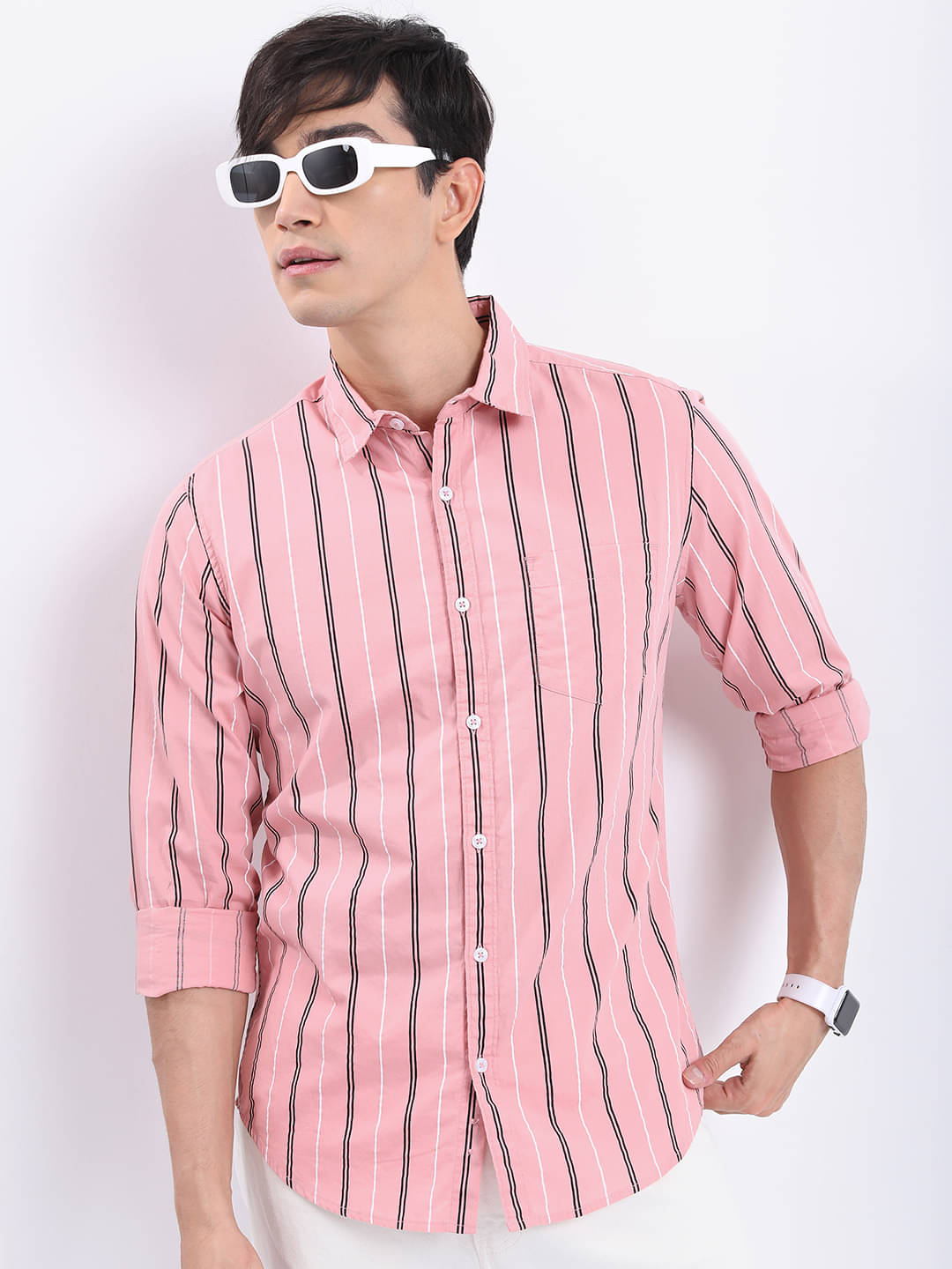     			Highlander 100% Cotton Slim Fit Striped Full Sleeves Men's Casual Shirt - Pink ( Pack of 1 )