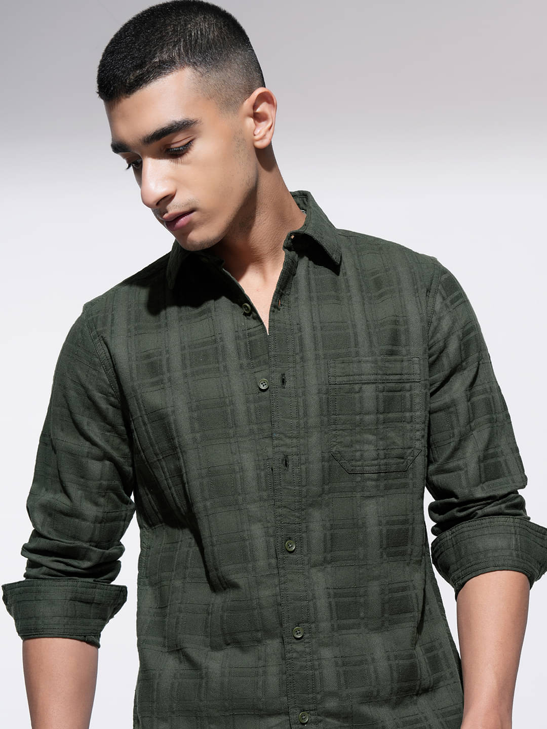     			Highlander 100% Cotton Slim Fit Checks Full Sleeves Men's Casual Shirt - Olive ( Pack of 1 )