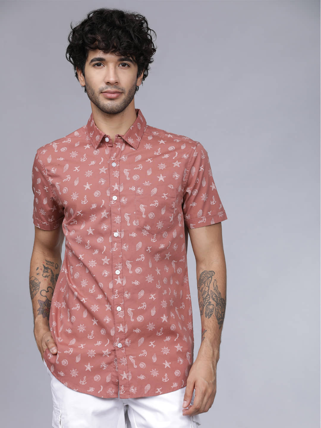 Highlander 100% Cotton Slim Fit Printed Half Sleeves Men's Casual Shirt - Pink ( Pack of 1 )