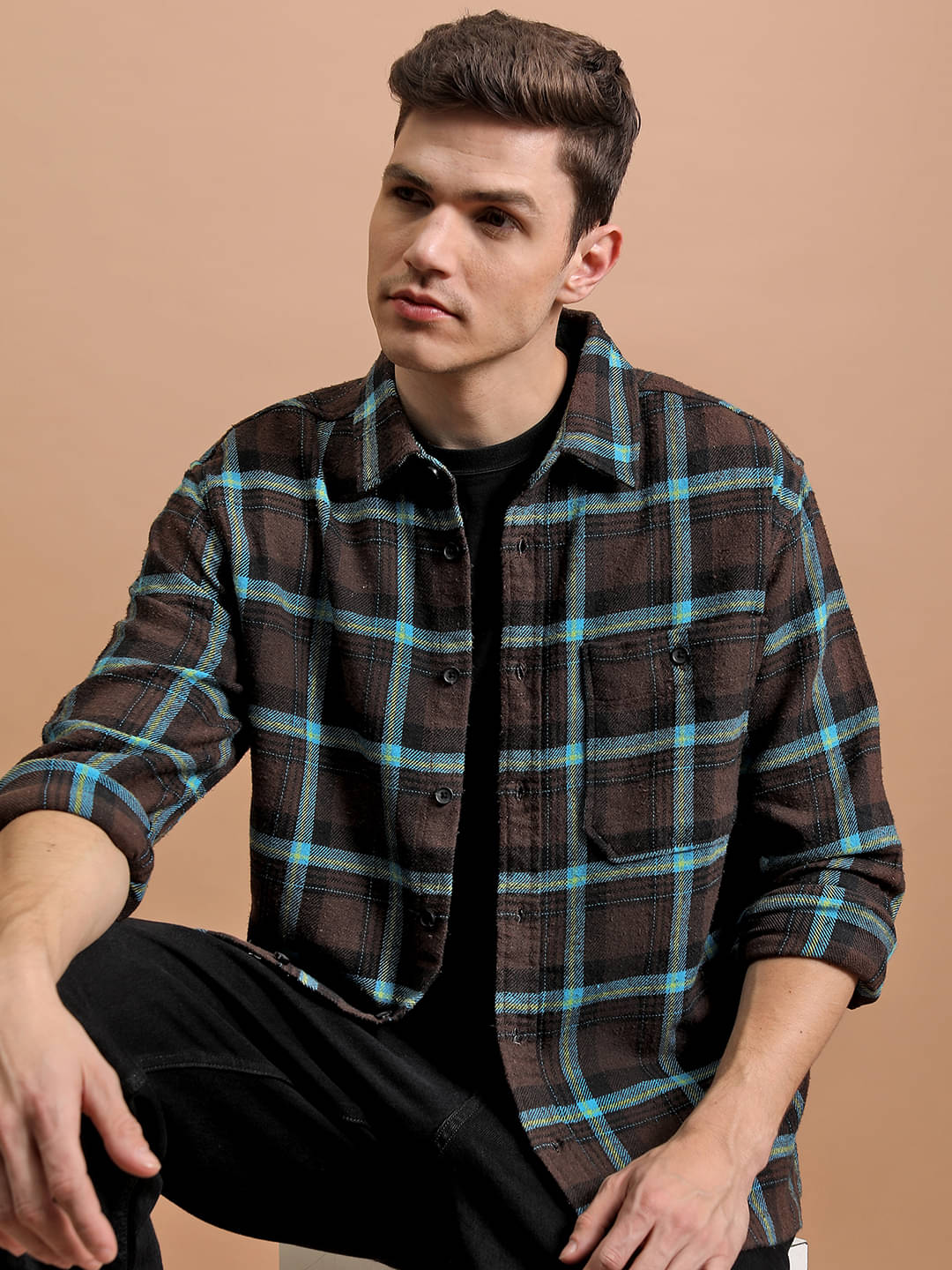    			Highlander Cotton Blend Oversized Fit Checks Full Sleeves Men's Casual Shirt - Multicolor ( Pack of 1 )