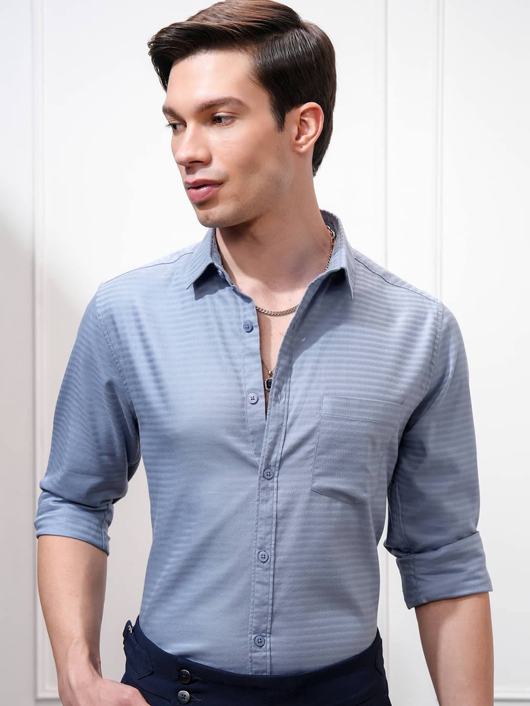     			Highlander Cotton Blend Regular Fit Self Design Full Sleeves Men's Casual Shirt - Blue ( Pack of 1 )