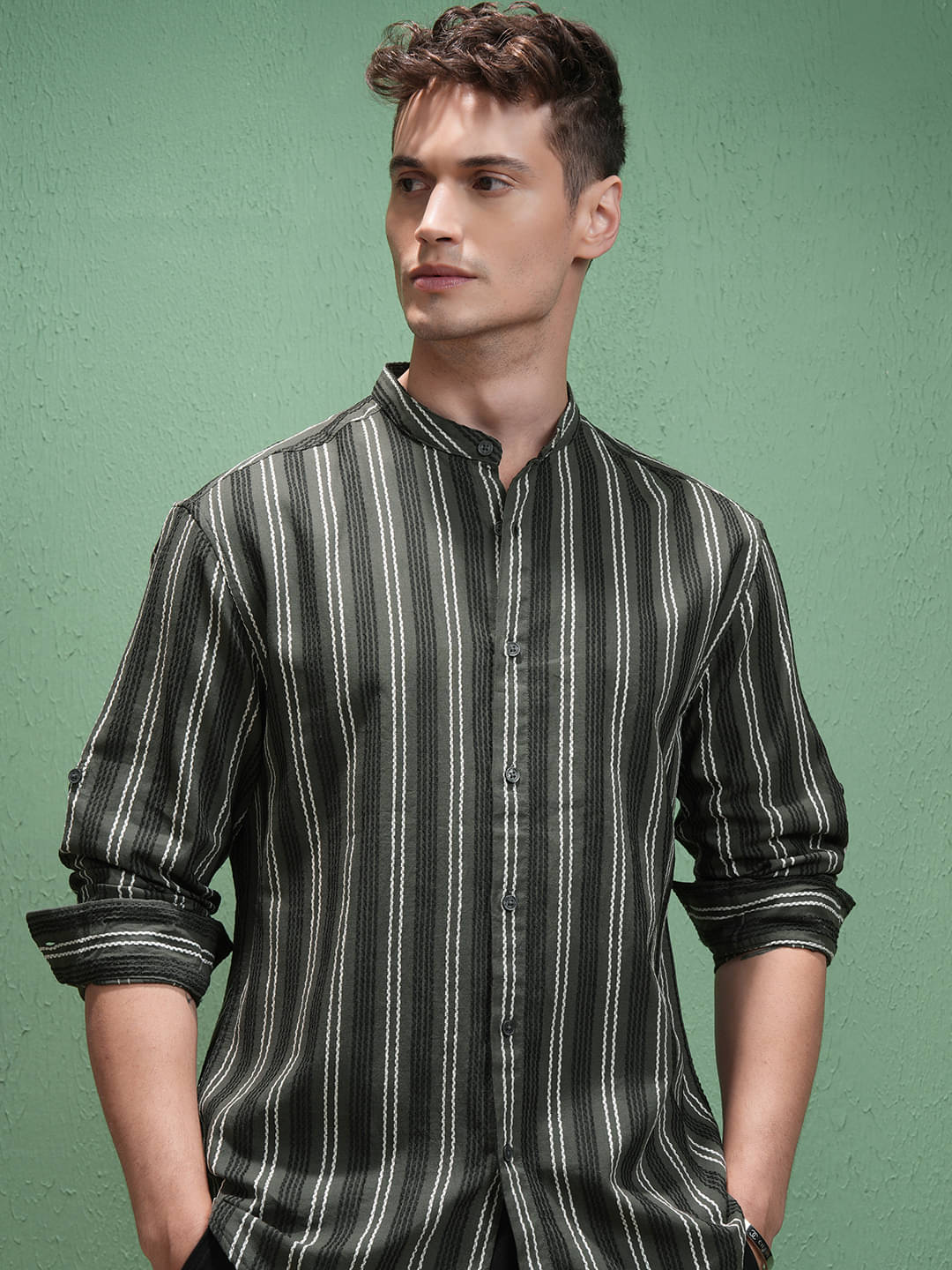 Highlander Cotton Blend Relaxed Fit Striped Full Sleeves Men's Casual Shirt - Olive ( Pack of 1 ) Highlander Cotton Blend Relaxed Fit Striped Full Sleeves Men's Casual Shirt - Olive ( Pack of 1 )