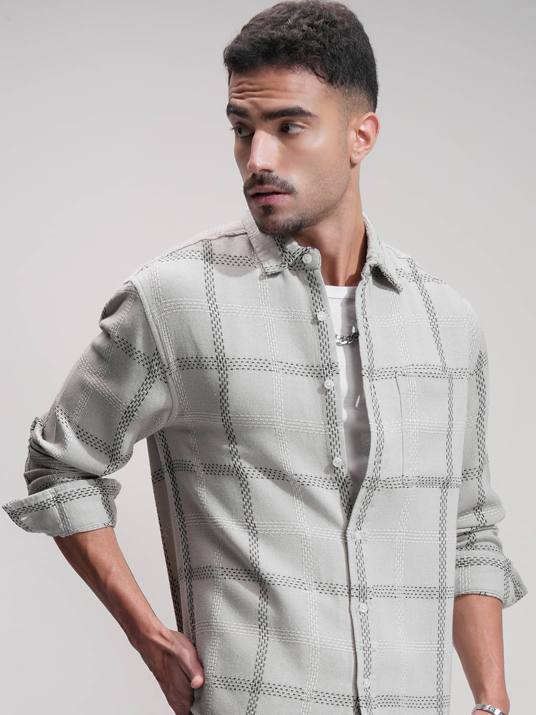     			Highlander Cotton Blend Relaxed Fit Checks Full Sleeves Men's Casual Shirt - Light Grey ( Pack of 1 )