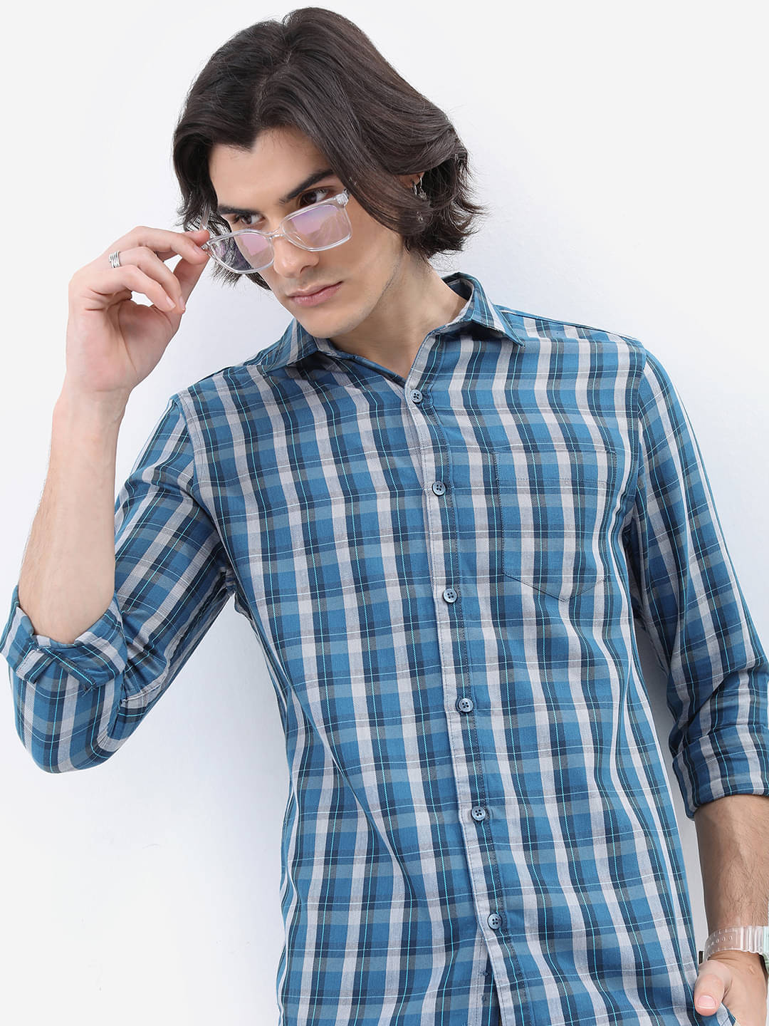     			Highlander Cotton Blend Slim Fit Checks Full Sleeves Men's Casual Shirt - Blue ( Pack of 1 )