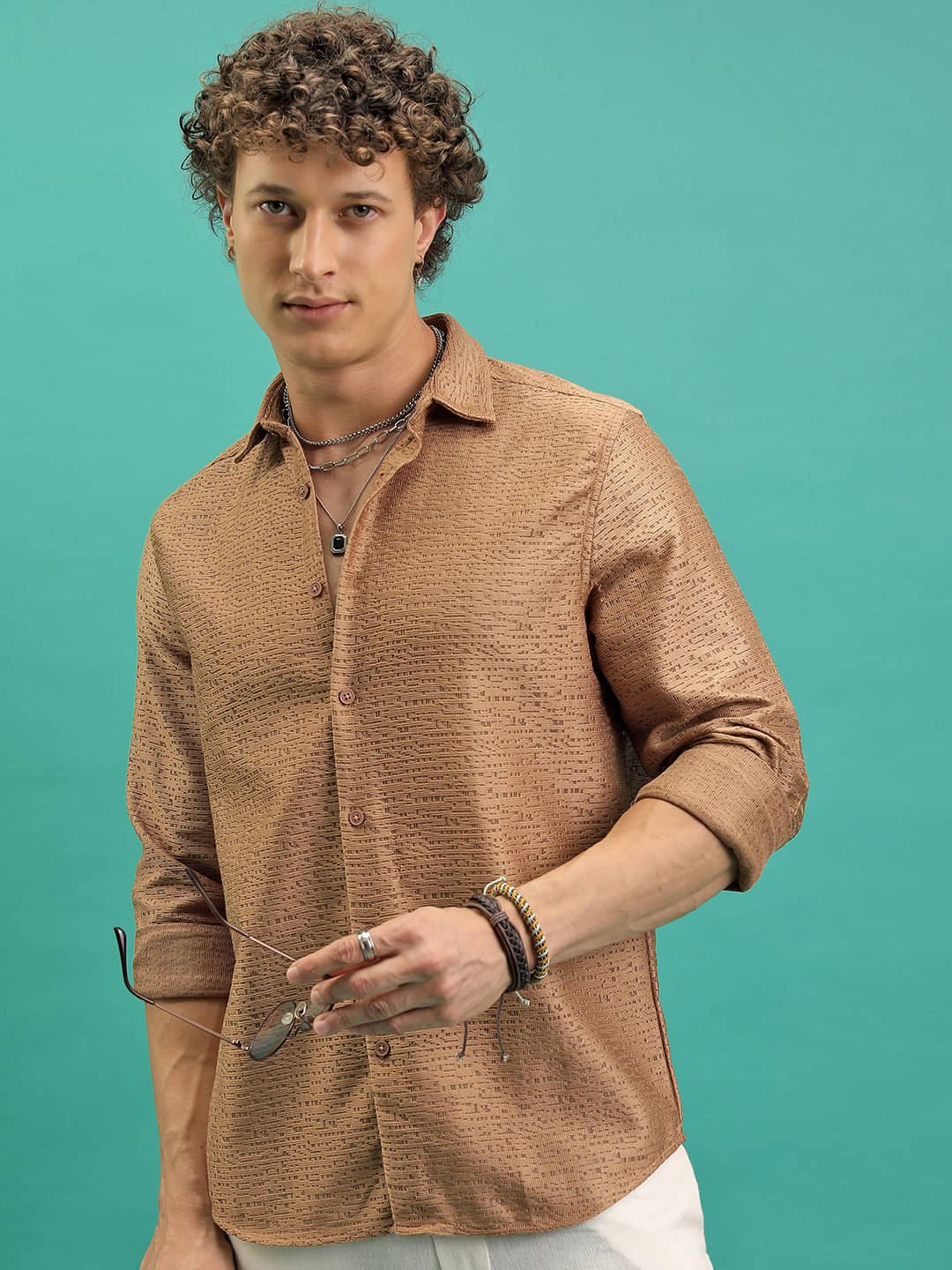     			Highlander Polyester Regular Fit Self Design Full Sleeves Men's Casual Shirt - Brown ( Pack of 1 )