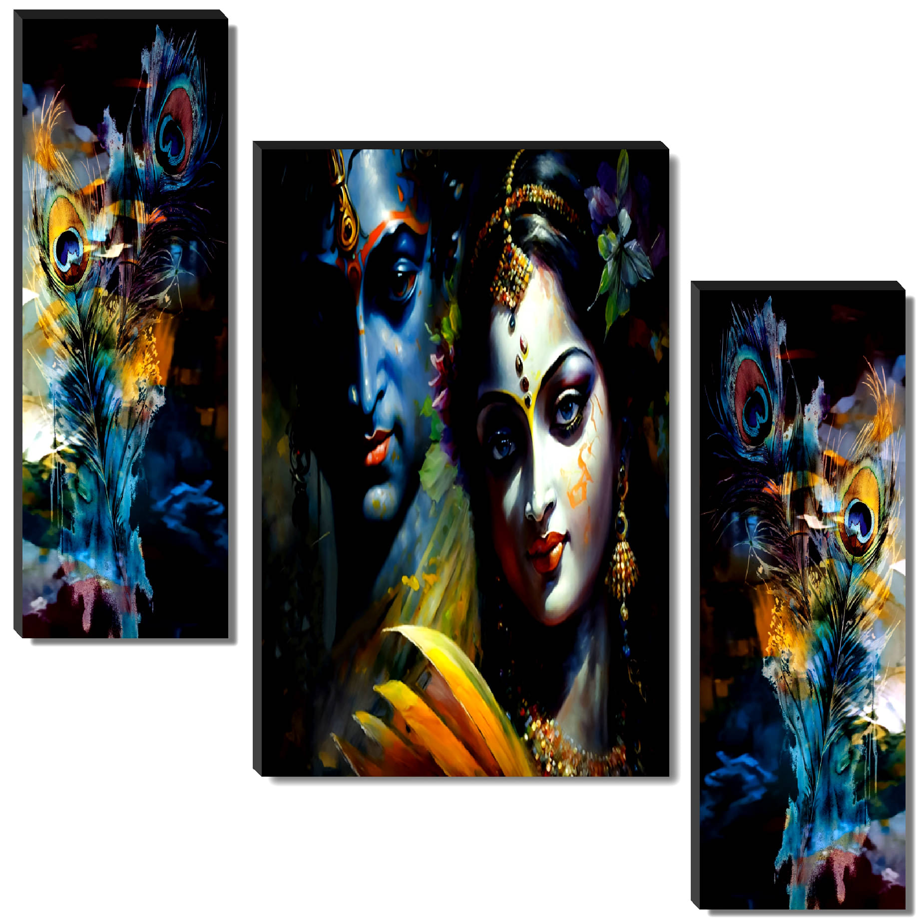 Livin'luxe Set of 3 Radha Krishna with Vibrant Peacock Feather Wall Painting | Spiritual Couple Modern Art Livin'luxe Set of 3 Radha Krishna with Vibrant Peacock Feather Wall Painting | Spiritual Couple Modern Art