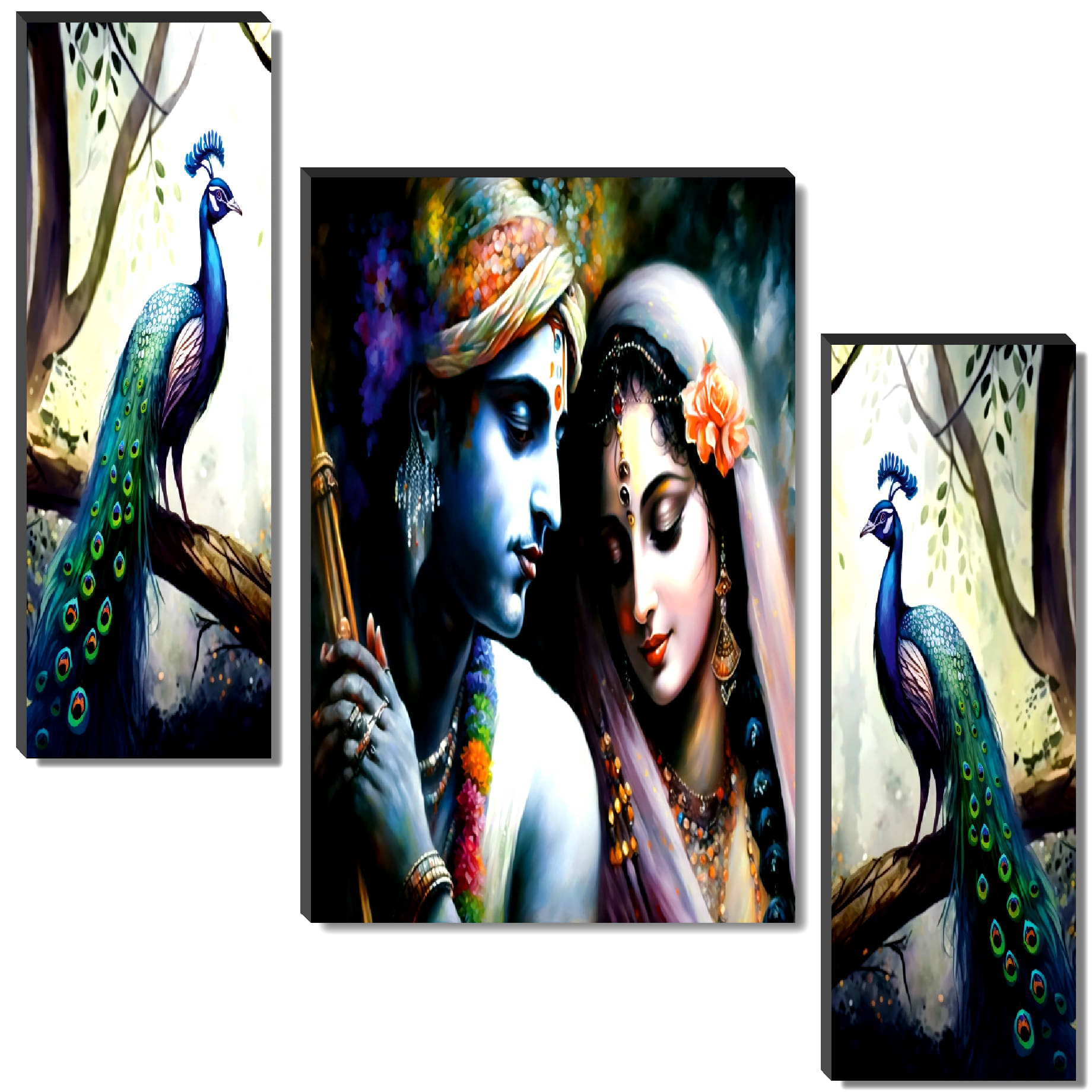     			Livin'luxe Set of 3 Radha Krishna with Peacock Wall Painting | Romantic Divine Couple in Nature Theme