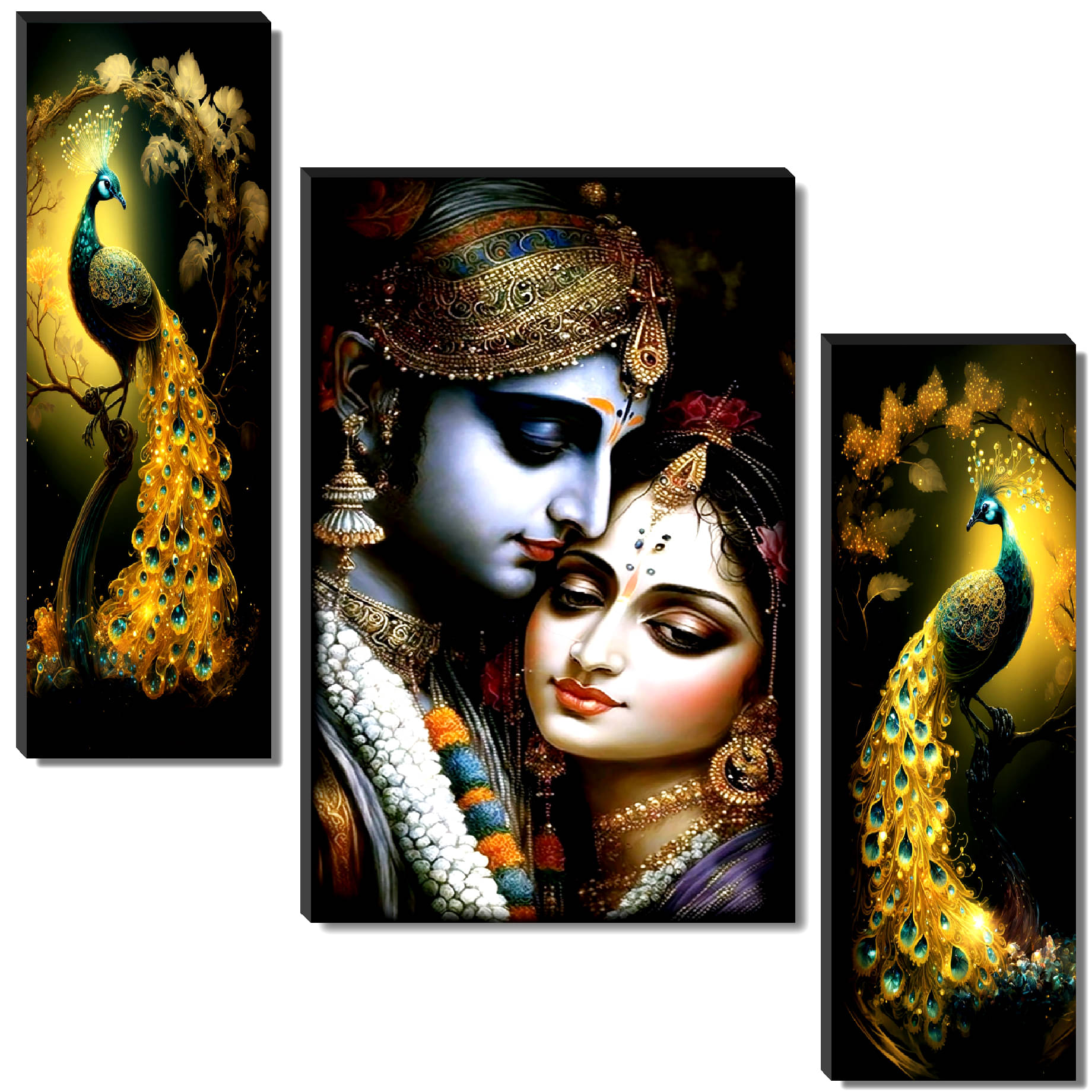 Livin'luxe Set of 3 Radha Krishna & Golden Peacock Wall Painting | Divine Love Art with Vibrant Feathers Livin'luxe Set of 3 Radha Krishna & Golden Peacock Wall Painting | Divine Love Art with Vibrant Feathers