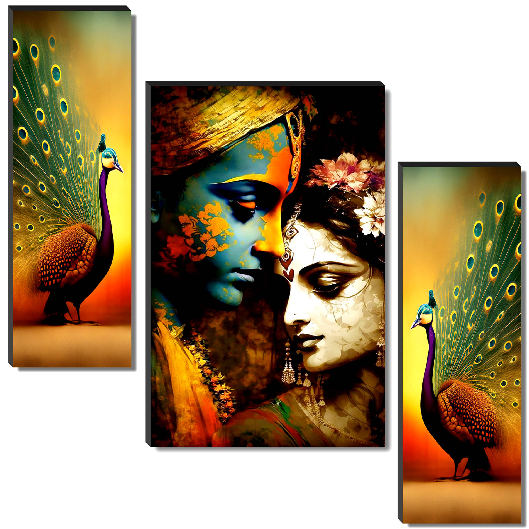     			Livin'luxe Set of 3 Vibrant Radha Krishna with Peacock Wall Painting | Artistic Divine Couple with Multicolor Feathers