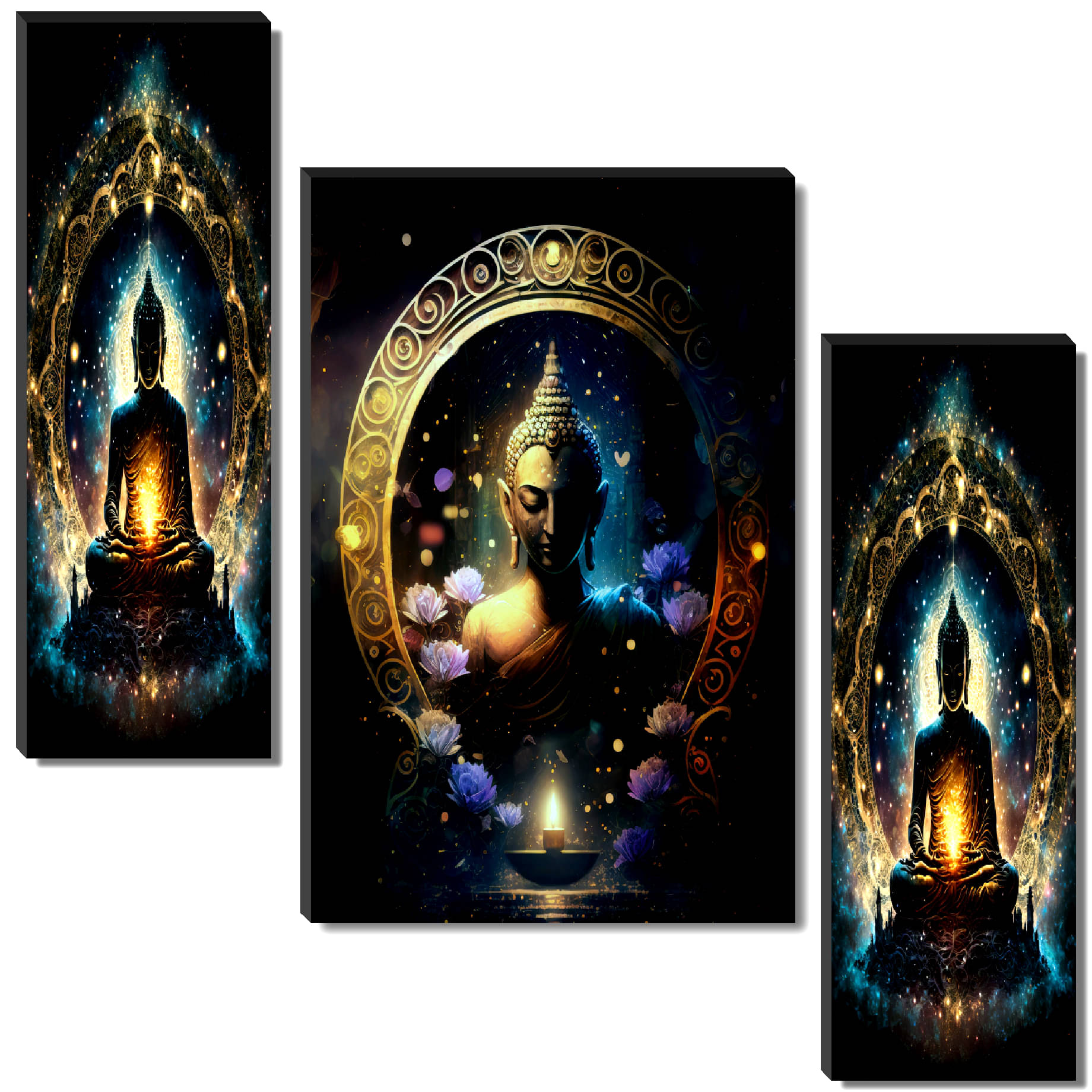     			Livin'luxe Set of 3 Cosmic Buddha Wall Painting | Spiritual Enlightenment Art with Golden Arch & Glow