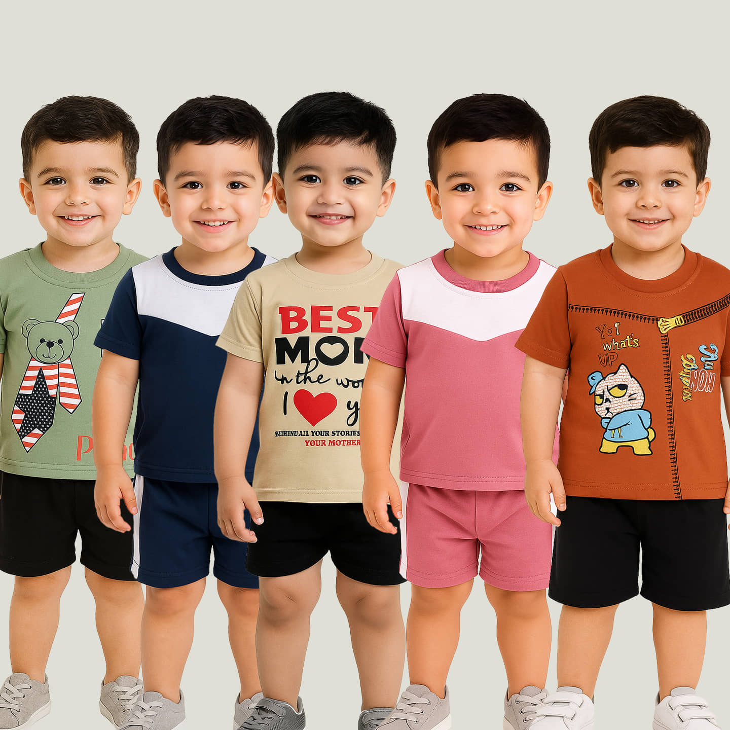 RELANE Pack of 5 Boys Cotton Blend T-Shirt & Shorts Set ( Multicolor )