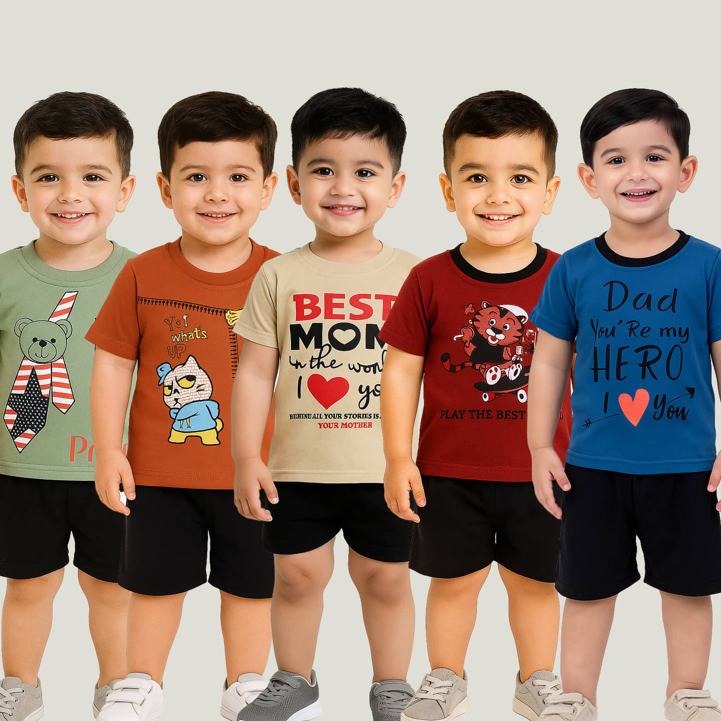 RELANE Pack of 5 Boys Cotton Blend T-Shirt & Shorts Set ( Multicolor )