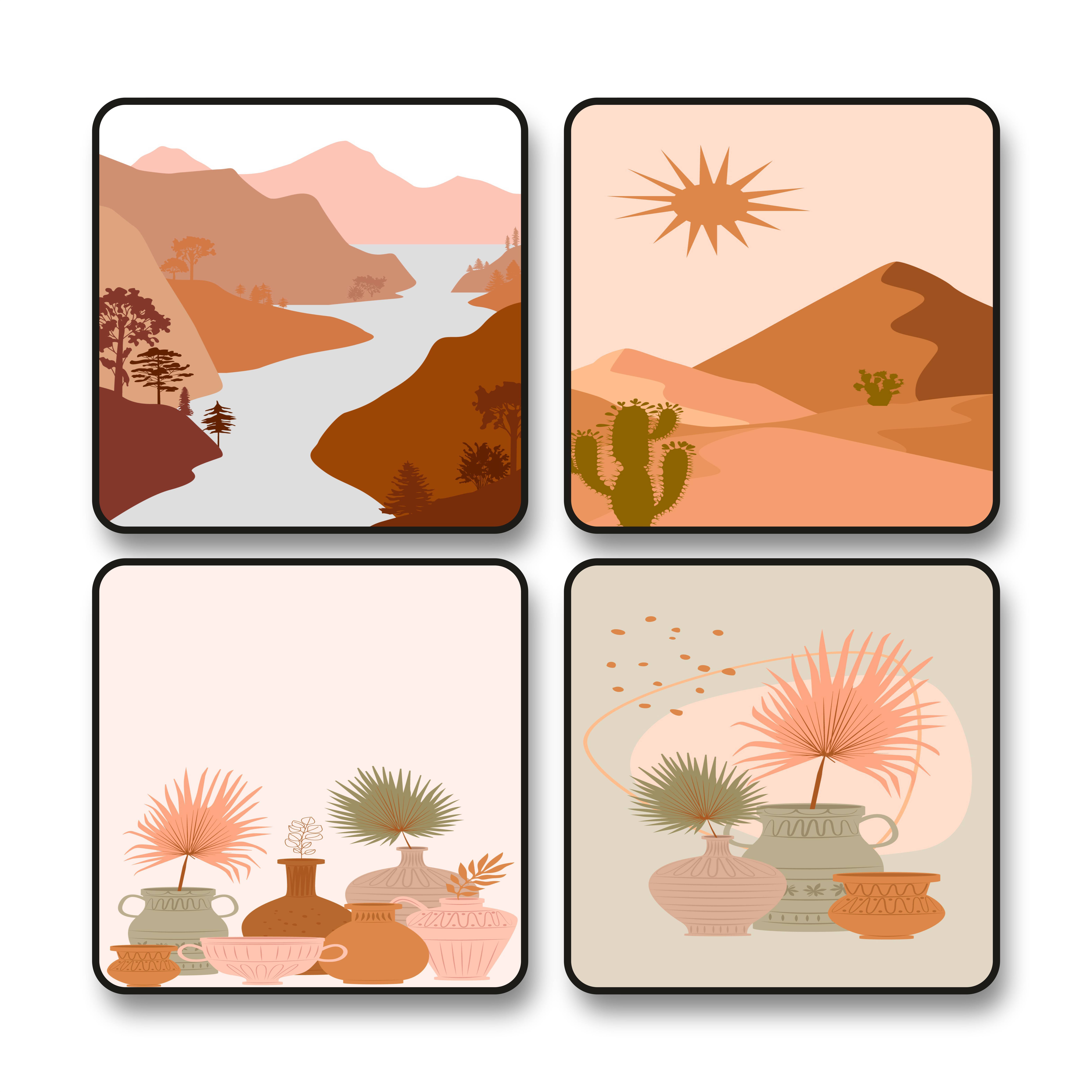 Saf Set of 4 Black Frame Wall Paintings for Living Room Bedroom – Boho Desert Landscape & Vase Art – Aesthetic Neutral Tone MDF Wall painting for Home Decor 10 x 10 Inch Saf Set of 4 Black Frame Wall Paintings for Living Room Bedroom – Boho Desert Landscape & Vase Art – Aesthetic Neutral Tone MDF Wall painting for Home Decor 10 x 10 Inch