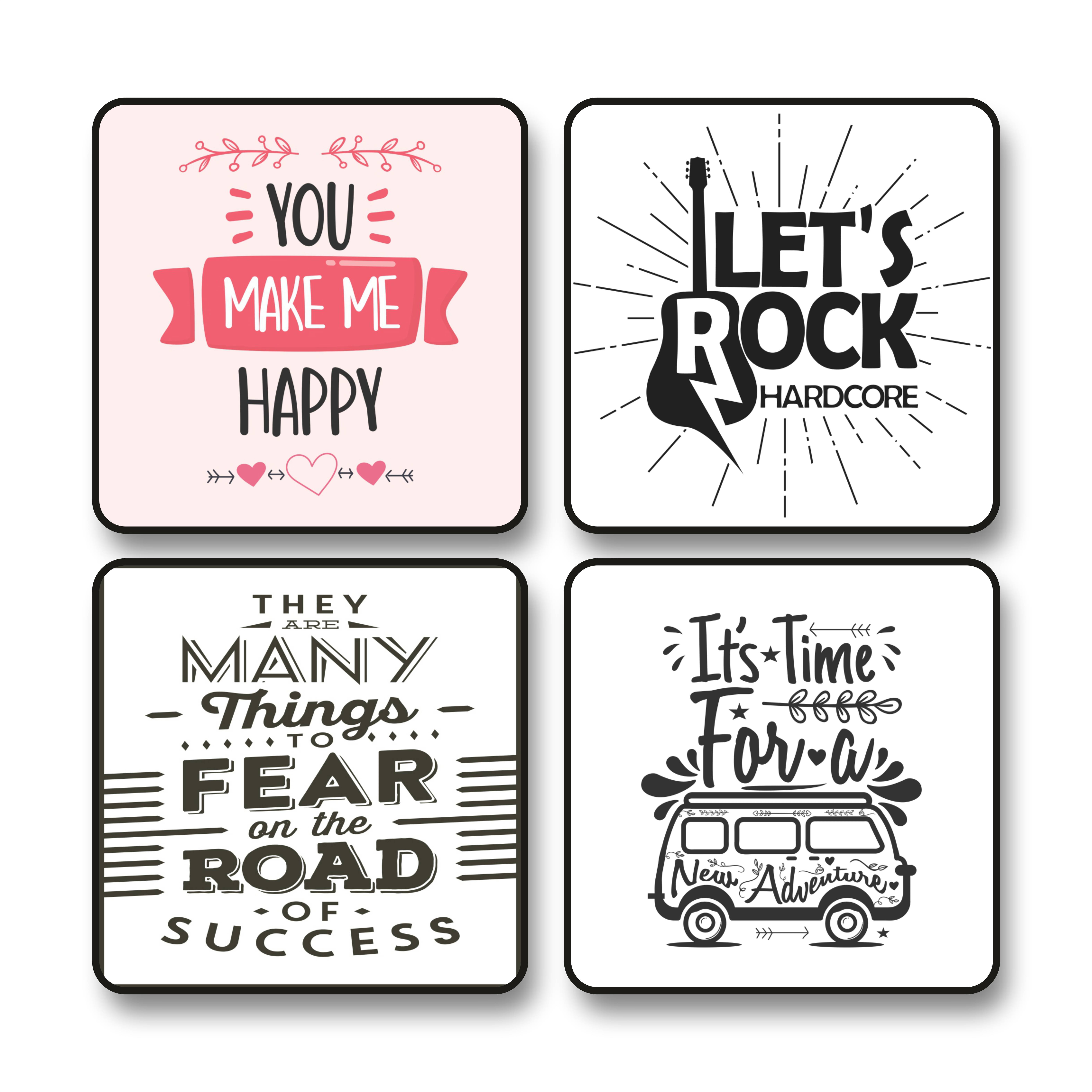     			Saf Set of 4 Black Frame Typography Wall Paintings for Home Office Room – Monochrome Quote Painting with Guitar Rock You Make Me Happy Adventure and Success Messages – MDF Art Prints 10 x 10 Inch