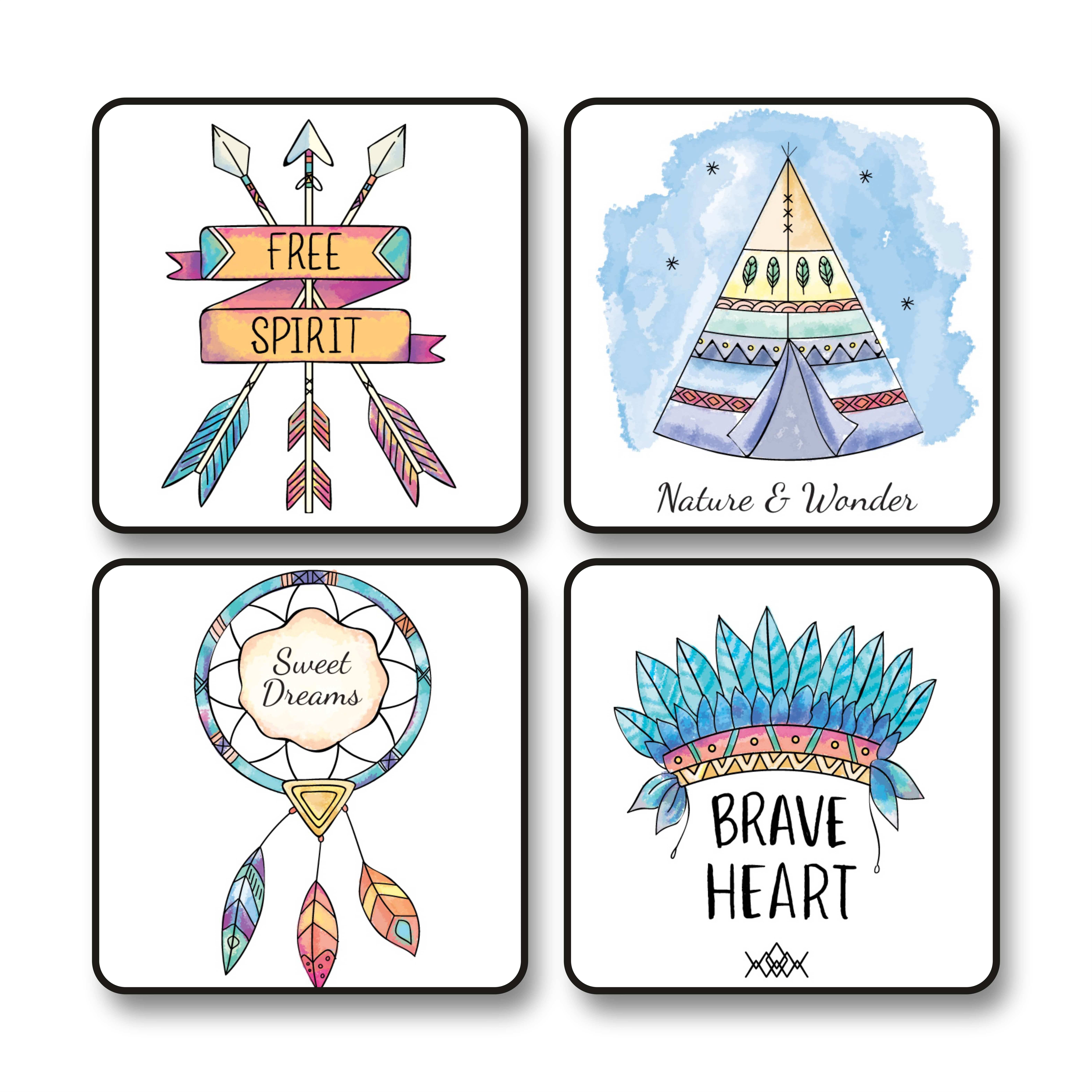     			Saf Set of 4 Boho Tribal Theme Wall Paintings with Black Frame – Free Spirit Dreamcatcher Brave Heart Sweet Dreams Nature Art for Kids Room Nursery or Bohemian Decor 10 x 10 Inch