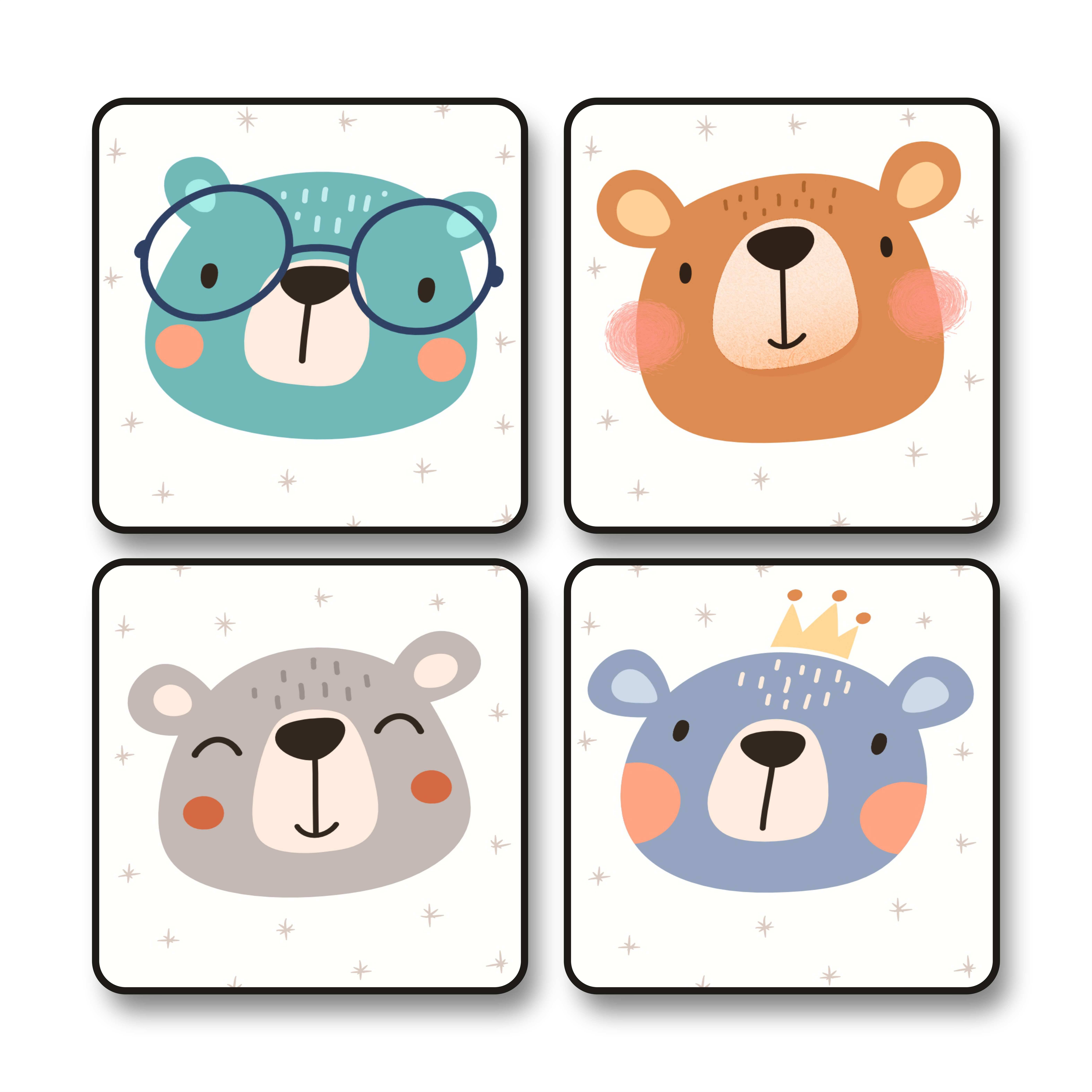     			Saf Set of 4 Cute Bear Face Wall Paintings with Black Frame | Cartoon Animal Art Painting for Kids Room | Nursery Jungle Theme Decorative Framed Prints 10 x 10 Inch