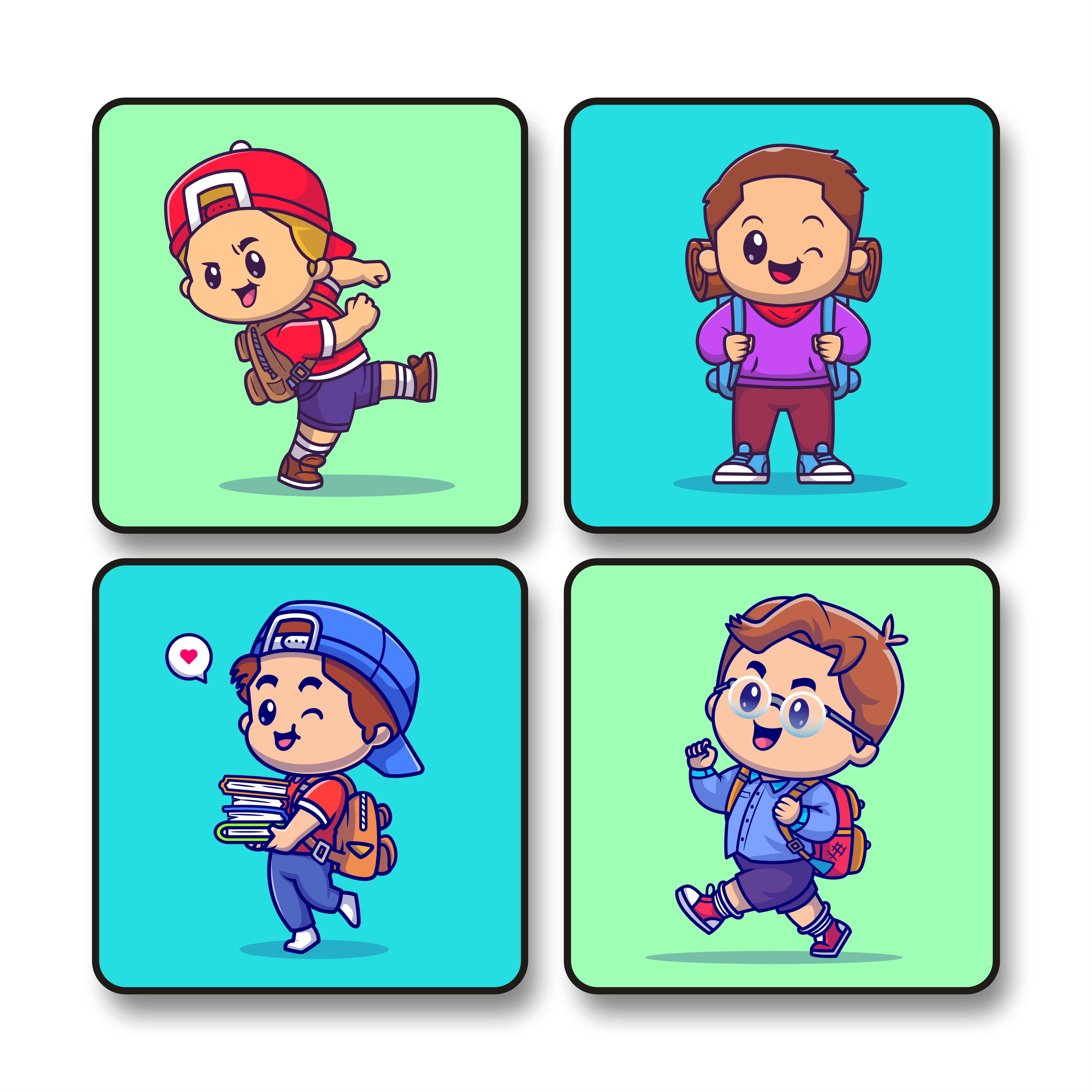    			Saf Set of 4 School Kids Wall Art | Cartoon Style Boys Theme Black Frame Painting for Kids Room Study Area School Nursery Decor | Cute Backpack Painting Print 10 x 10 Inch