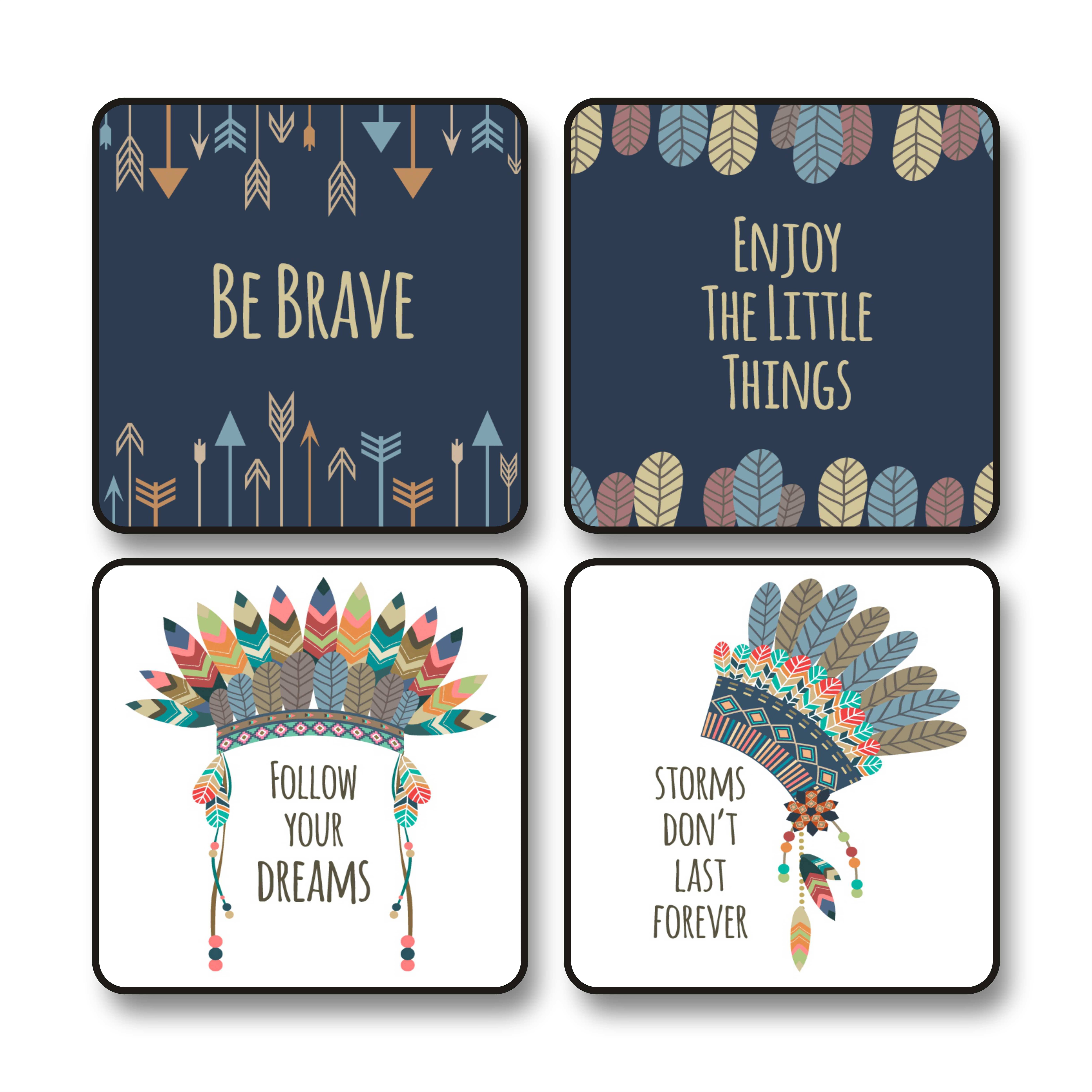     			Saf Set of 4 Tribal Boho Wall Paintings with Black Frame – Inspirational Feather Headdress Art Prints | Be Brave | Follow Your Dreams | Positive Quote Painting for Kids Room & Modern Decor 10 x 10 Inch