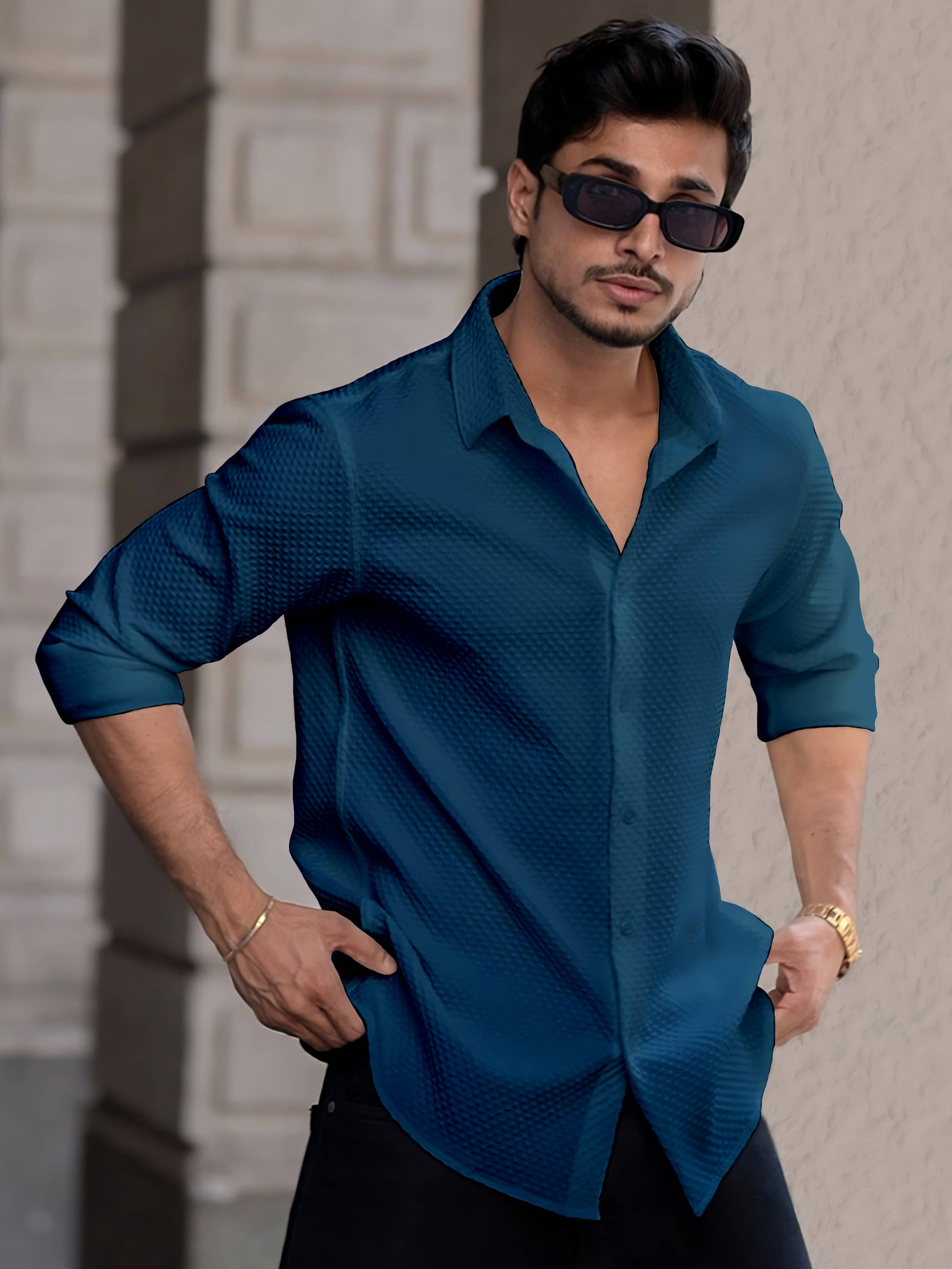     			WEBRIC Cotton Blend Regular Fit Self Design Full Sleeves Men's Casual Shirt - Teal ( Pack of 1 )