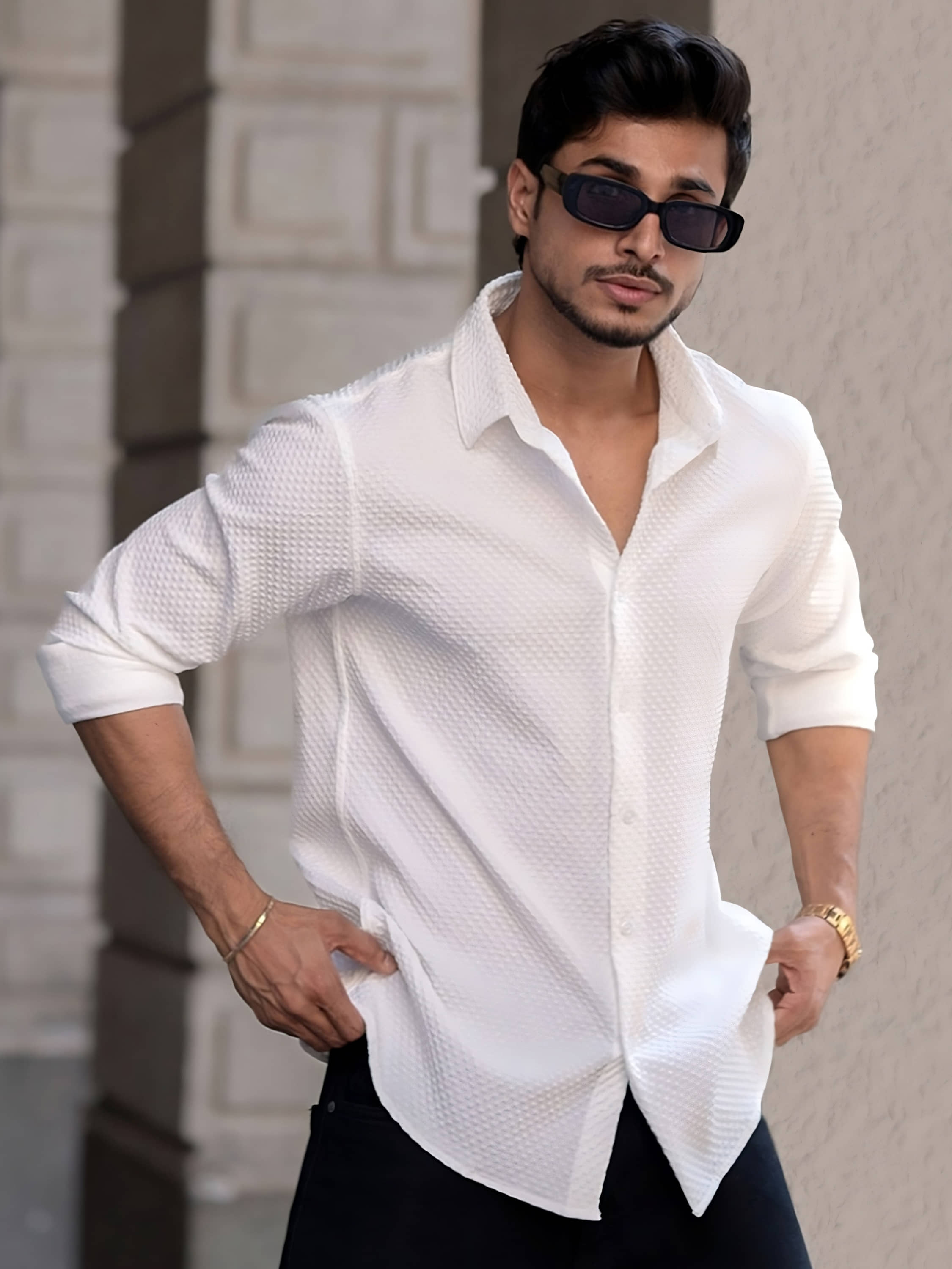 WEBRIC Cotton Blend Regular Fit Self Design Full Sleeves Men's Casual Shirt - White ( Pack of 1 )