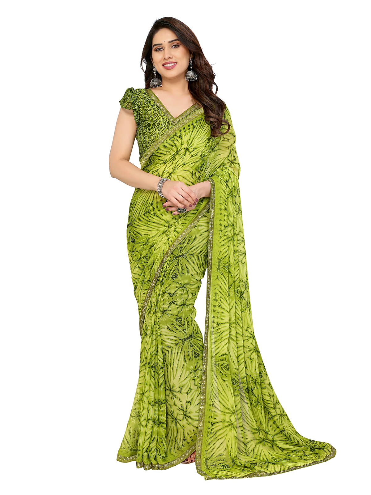 ANAND SAREES Georgette Embellished Chanderi saree With Unstitched Blouse Piece ( Green ) ANAND SAREES Georgette Embellished Chanderi saree With Unstitched Blouse Piece ( Green )
