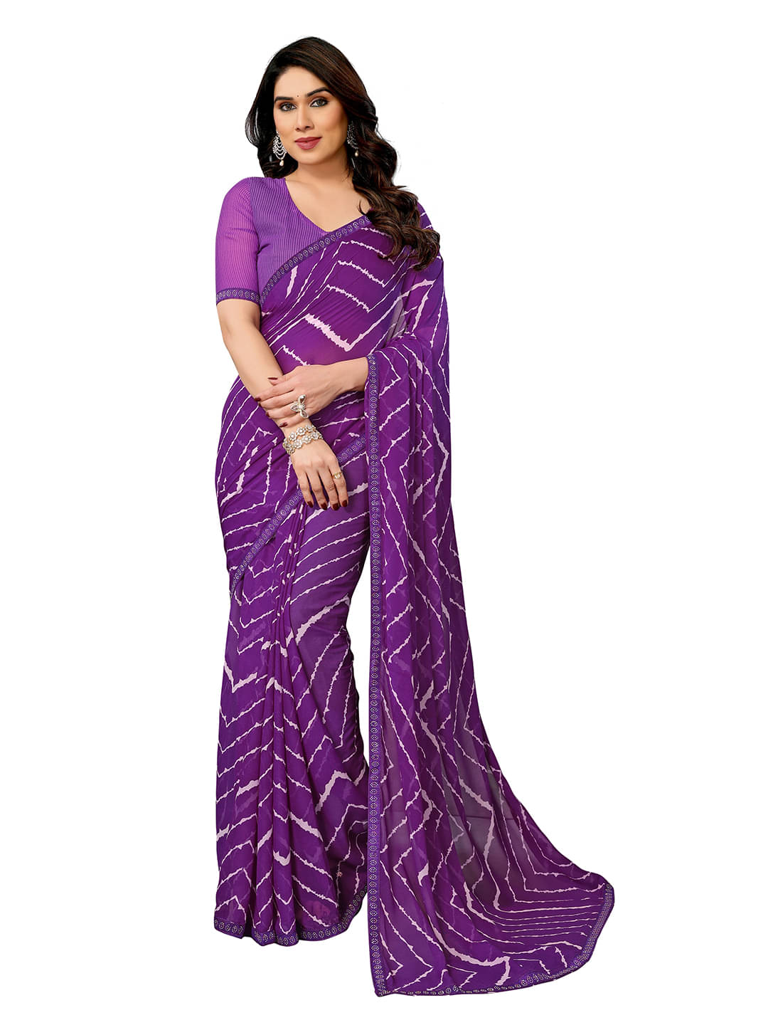 ANAND SAREES Georgette Embellished Leheriya Saree With Unstitched Blouse Piece ( Purple ) ANAND SAREES Georgette Embellished Leheriya Saree With Unstitched Blouse Piece ( Purple )