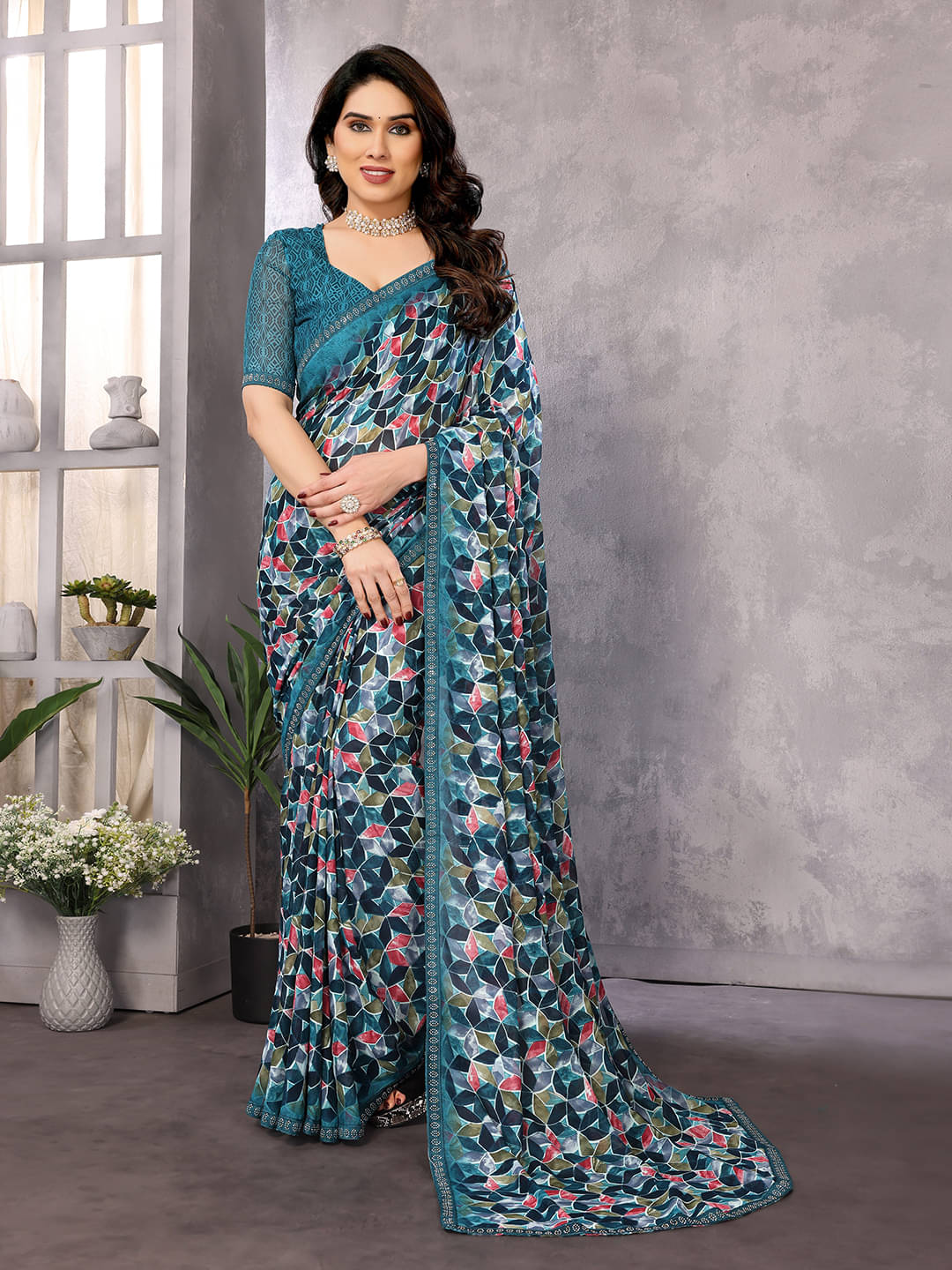ANAND SAREES Georgette Embellished Chanderi saree With Unstitched Blouse Piece ( Green ) ANAND SAREES Georgette Embellished Chanderi saree With Unstitched Blouse Piece ( Green )