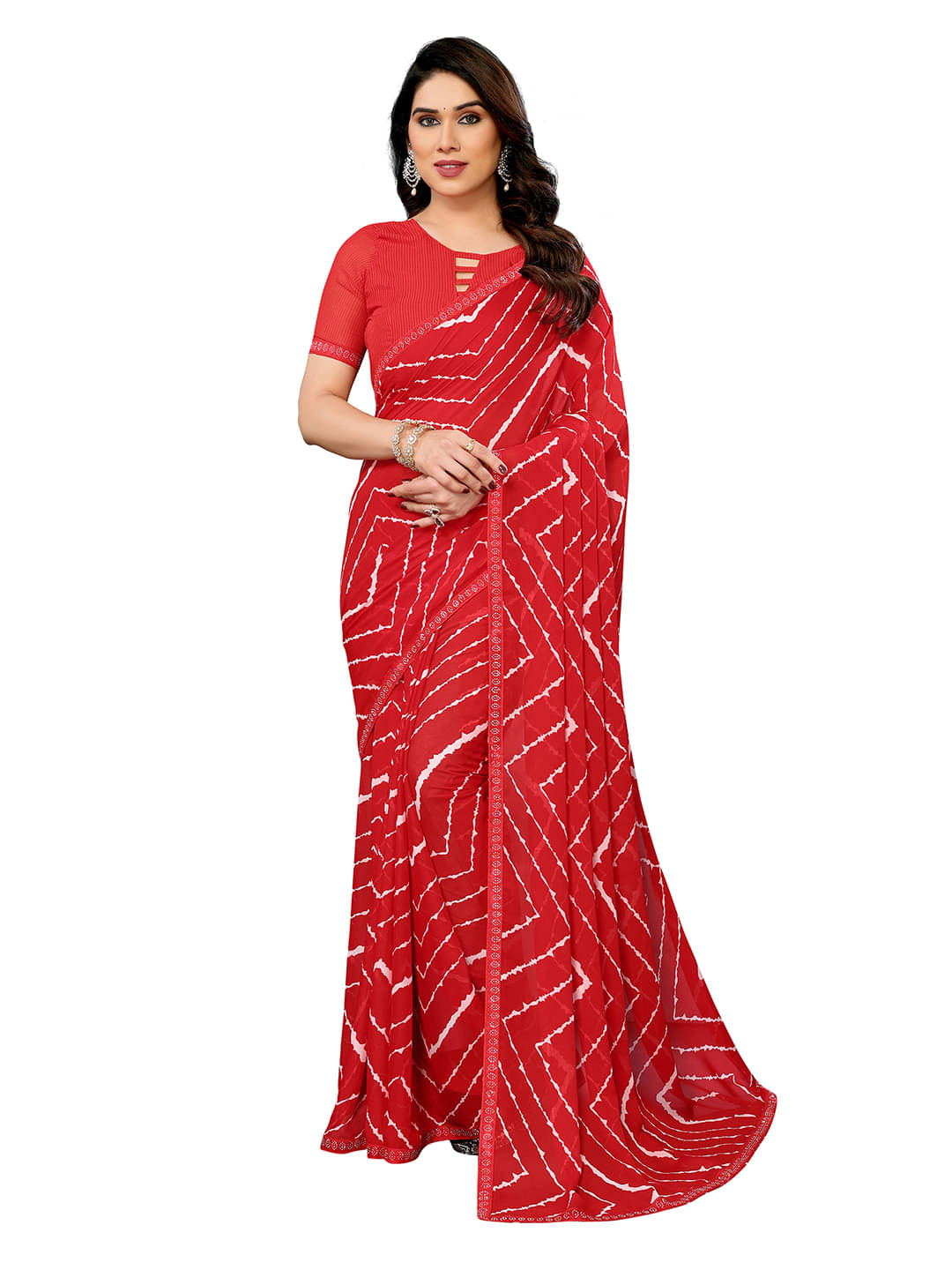 ANAND SAREES Georgette Embellished Leheriya Saree With Unstitched Blouse Piece ( Red ) ANAND SAREES Georgette Embellished Leheriya Saree With Unstitched Blouse Piece ( Red )